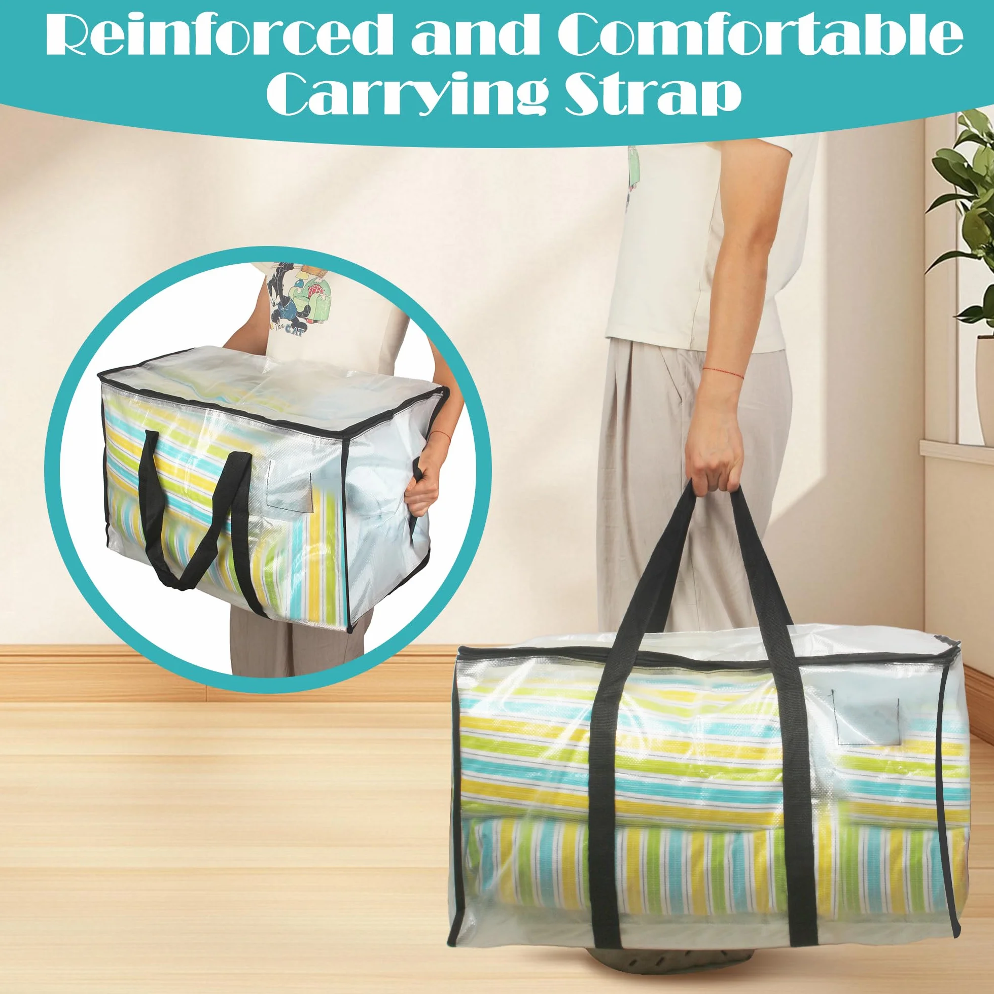 Pack de 4 Bolsas de Mudanza,90L Bolsas de Almacenamiento, Bolsas Mudanza Ropa, Transparente Almacenamiento de Ropa Grande, Bolsa de Viaje con Bolsillo para Etiqueta, Bolsa de Mudanza con Asa para Gua