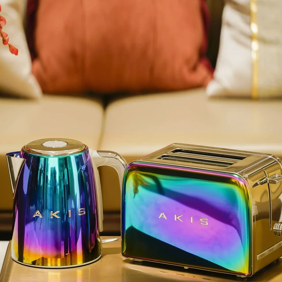 AKIS La Fête Design Tostadora y hervidor de agua de acero inoxidable en arco iris multicolor moderno