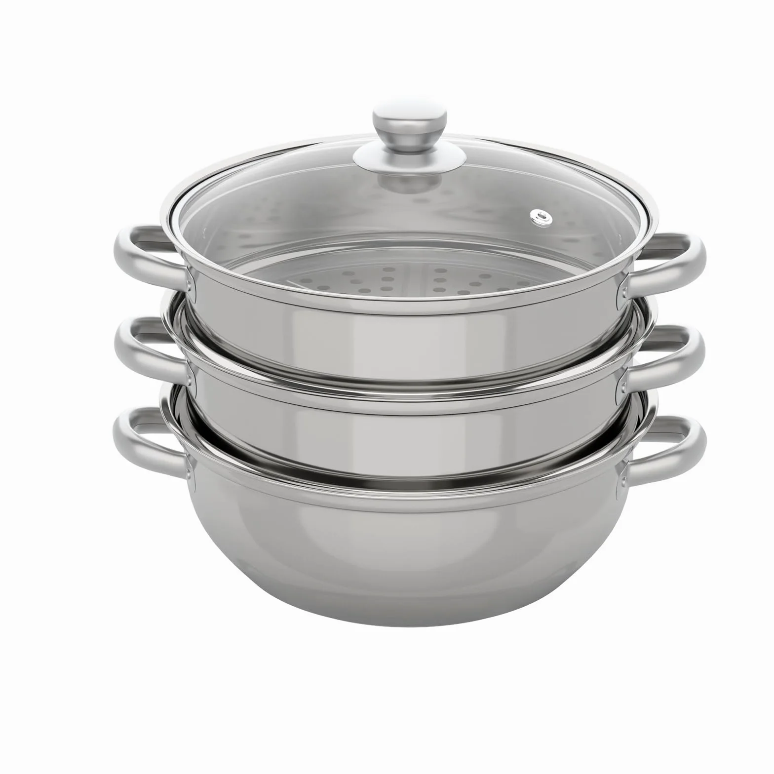MINRS Olla de vapor de 3 capas, con tapa de cristal, 28 cm, acero inoxidable, multifunción, para cocinas de inducción, estufas eléctricas de cerámica, hornos eléctricos o de gas