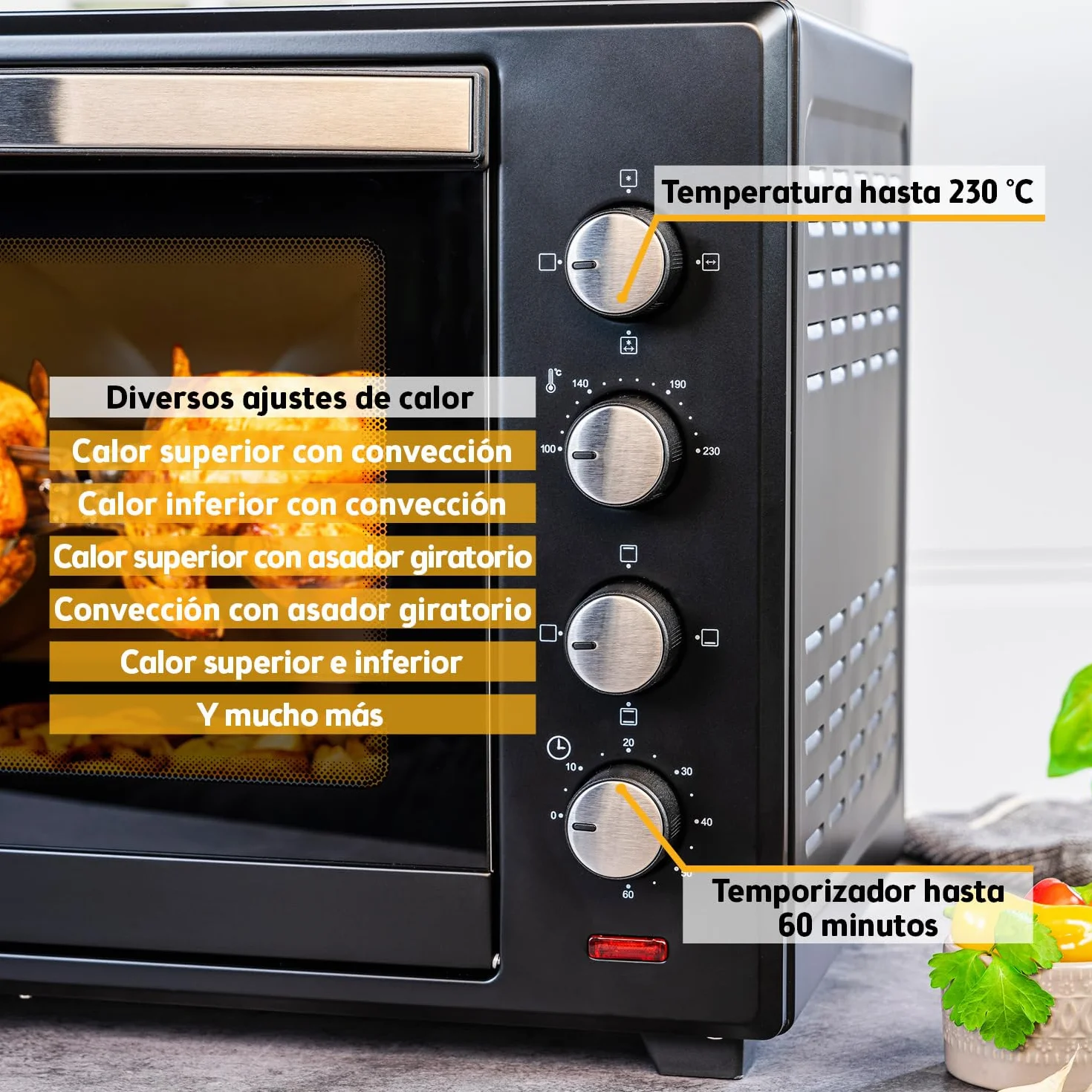TZS First Austria - Mini Horno 60L 2000W - Minihorno espacioso para pizza con temperatura hasta 230°C y 6 modos - Con temporizador 60 min, 4 alturas de inserción, bandeja, rejilla y asador giratorio