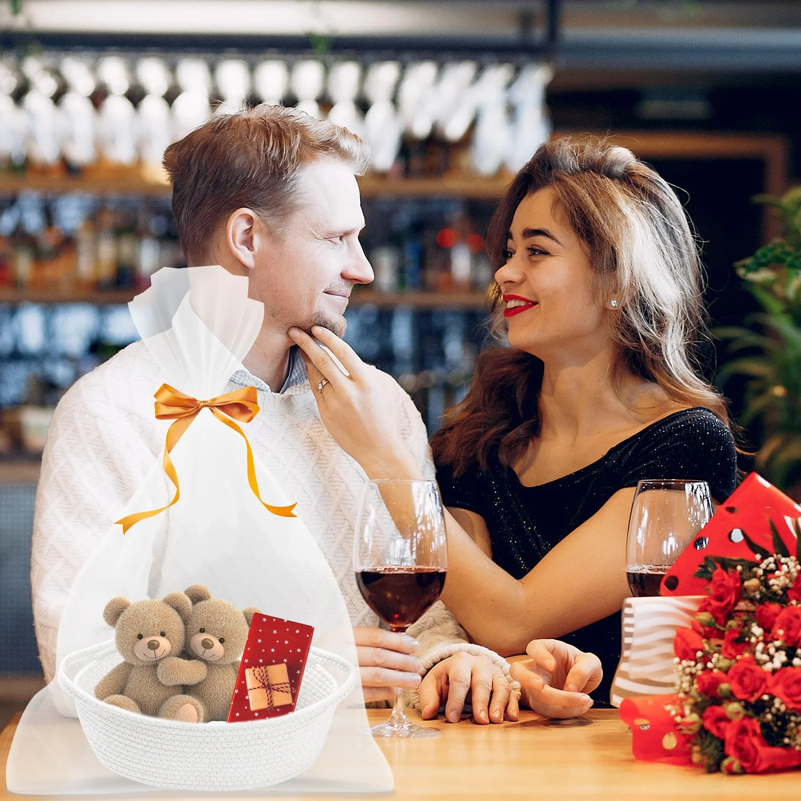 FRUHLING Cesta de regalo vacía trenzada con bolsas de celofán y lazo, almacenamiento cuerda algodón blanco