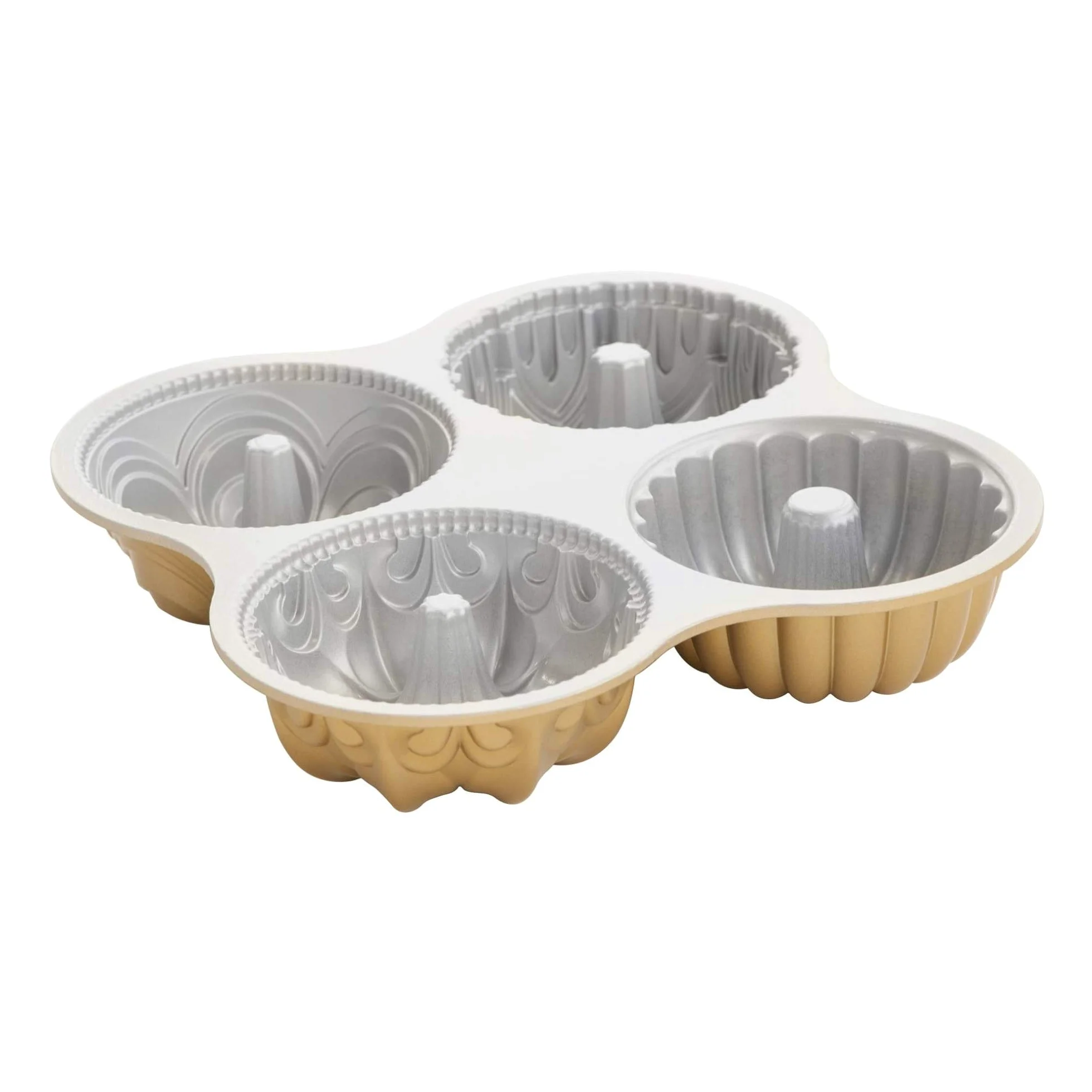 Nordic Ware Bundt Quartet - Molde de aluminio fundido original para 9 tazas, molde para tartas con múltiples diseños, fabricado en los Estados Unidos, color: dorado