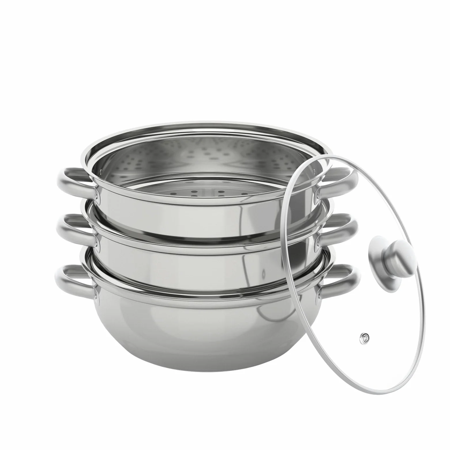 Vaporera de 3 Niveles de Acero Inoxidable, Diámetro de 28cm, Plata