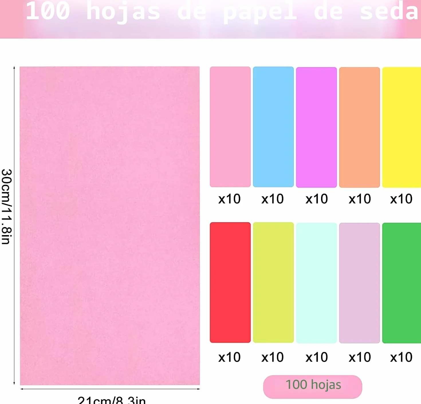 100 hojas de papel de seda, 21x30cm papel de embalaje, papel de seda de embalaje colorido, papel de seda para pompones, bricolaje y ocio creativo(10 colores)