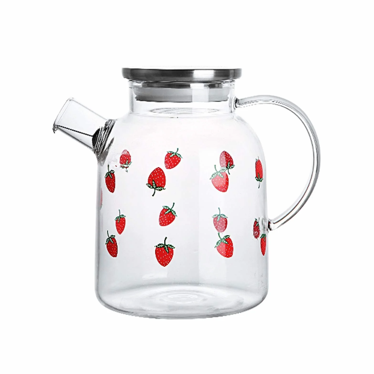 Jarra Agua Fria Jarra de Vidrio de Fresa con Tapa de Acero Inoxidable Tetera de Vidrio de Alto borosilicato con colador Puede ser un Regalo (1800 ml) Jarra Agua Detox Frutas
