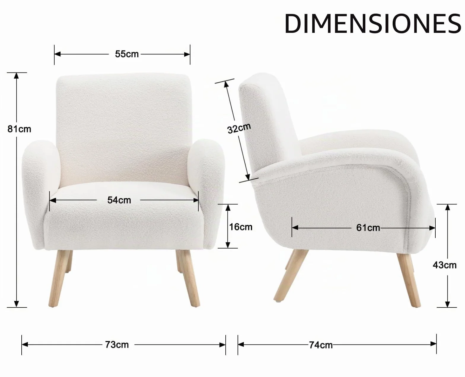 chairus Butaca Ocio Moderno Sofá de Salón Individual con Patas de Madera, Sillón Pequeño Lectura para Sala de Estar/Dormitorio, Blanco