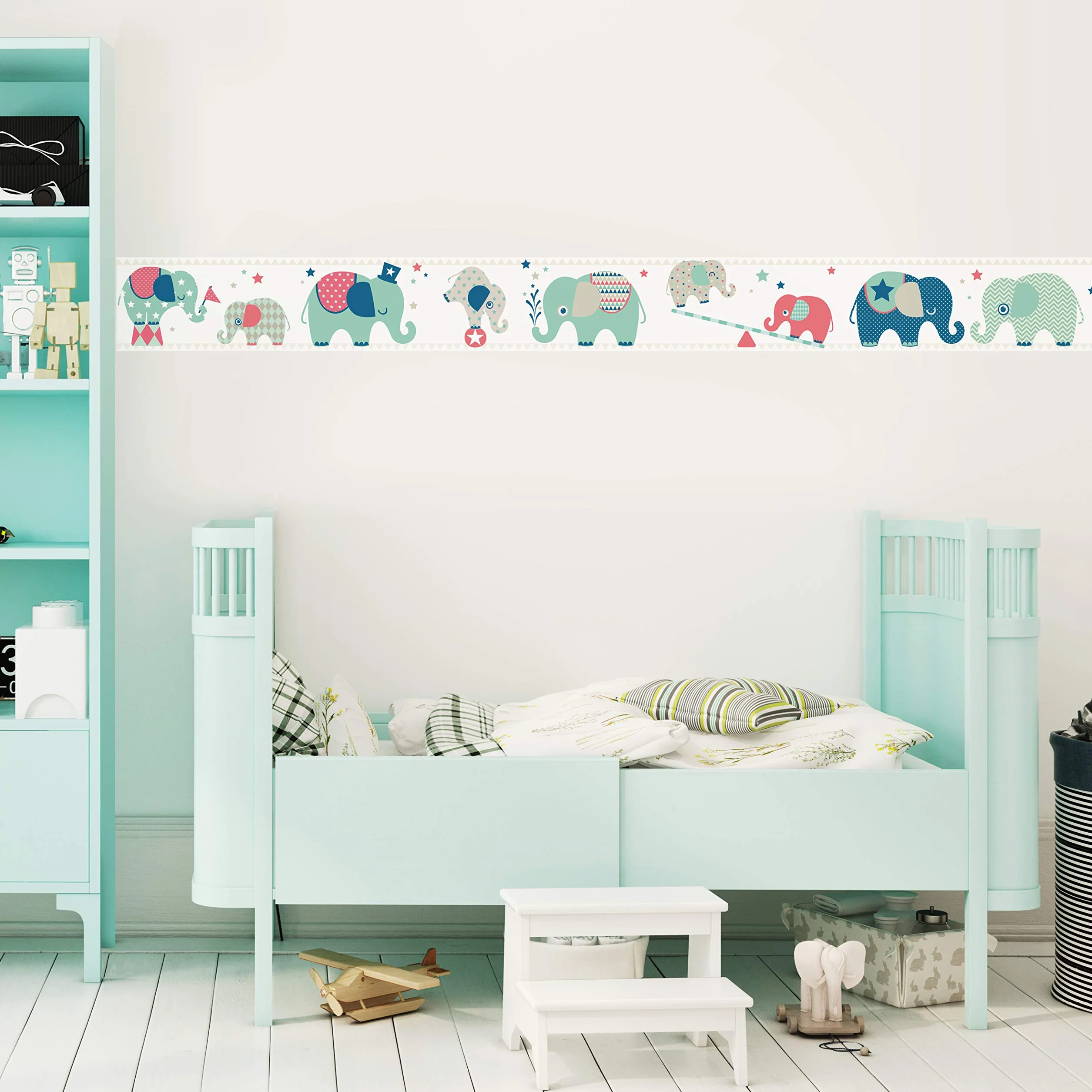 anna wand design cenefa infantil adhesiva, diseño de elefantes „Elefanten Boys” 450 x 11,5 cm