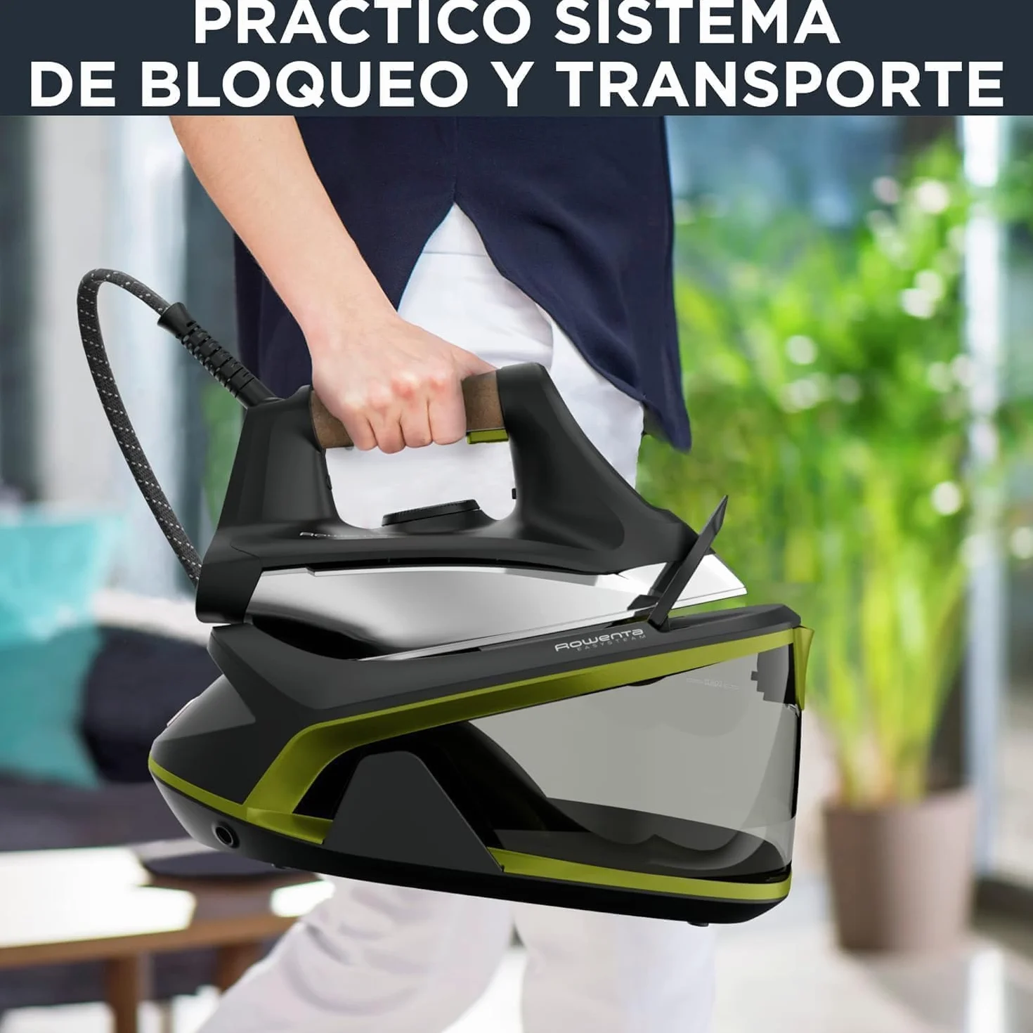 Rowenta Easy Steam - Centro de planchado, Alta presión 6 bares, Golpe de vapor 270 g/min, Vapor continuo 110 g/min, Suela Airglide con depósito de 1.4 L, Modo Eco, Negro/Verde, VR7360