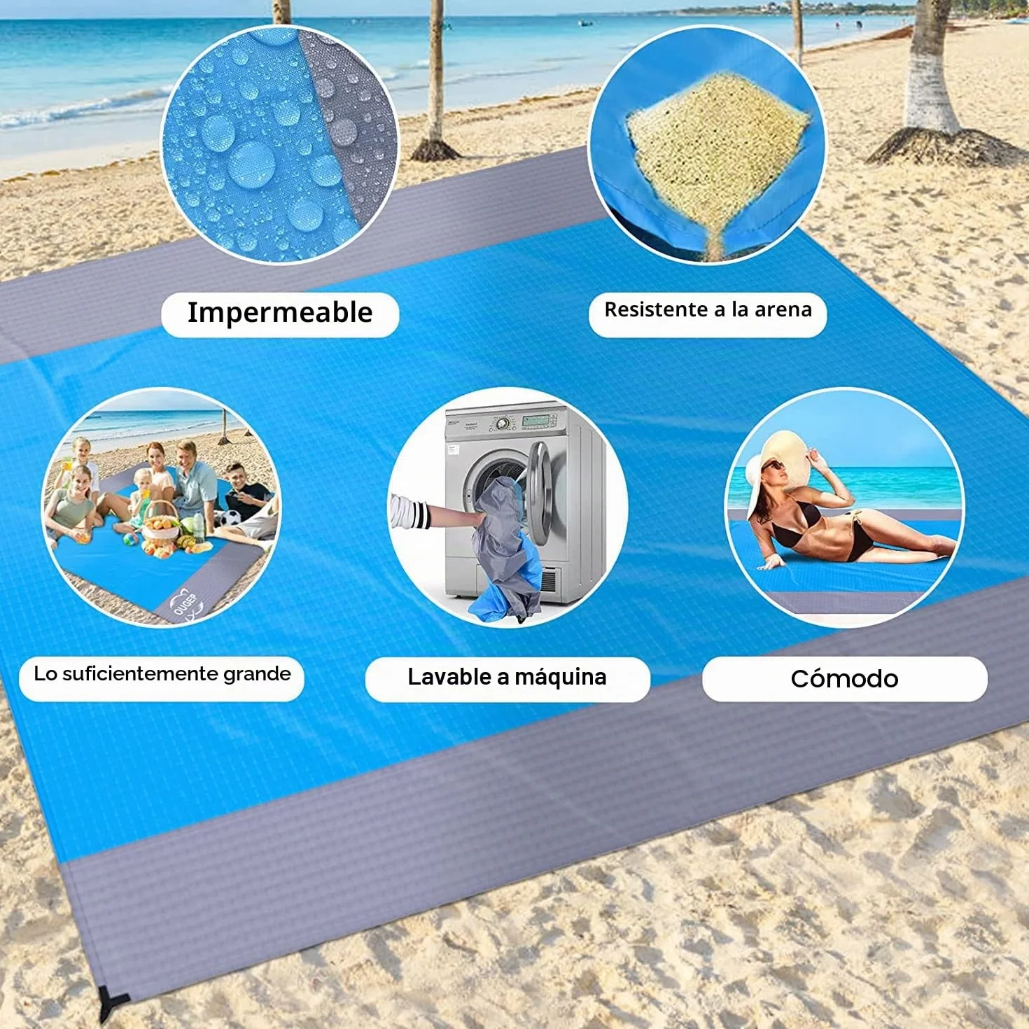 Alfombra de Playa Impermeable 230 x 200 Esterilla con Clavos Fijos Picnic Portátil