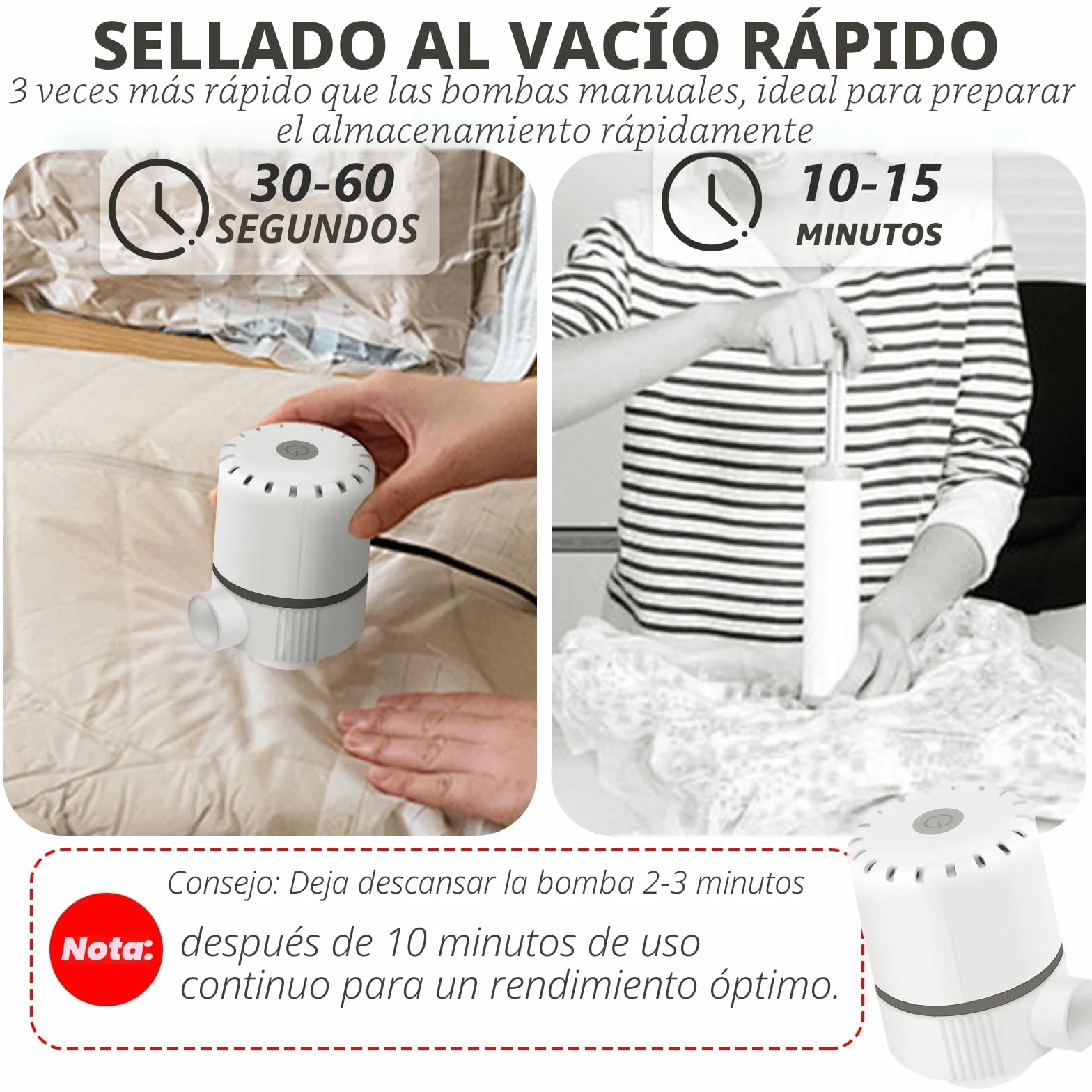 Bomba de Aire Eléctrica 2 en 1 30W 4500Pa 250L/min Portátil para Bolsas de Vacío y Colchones Hinchables