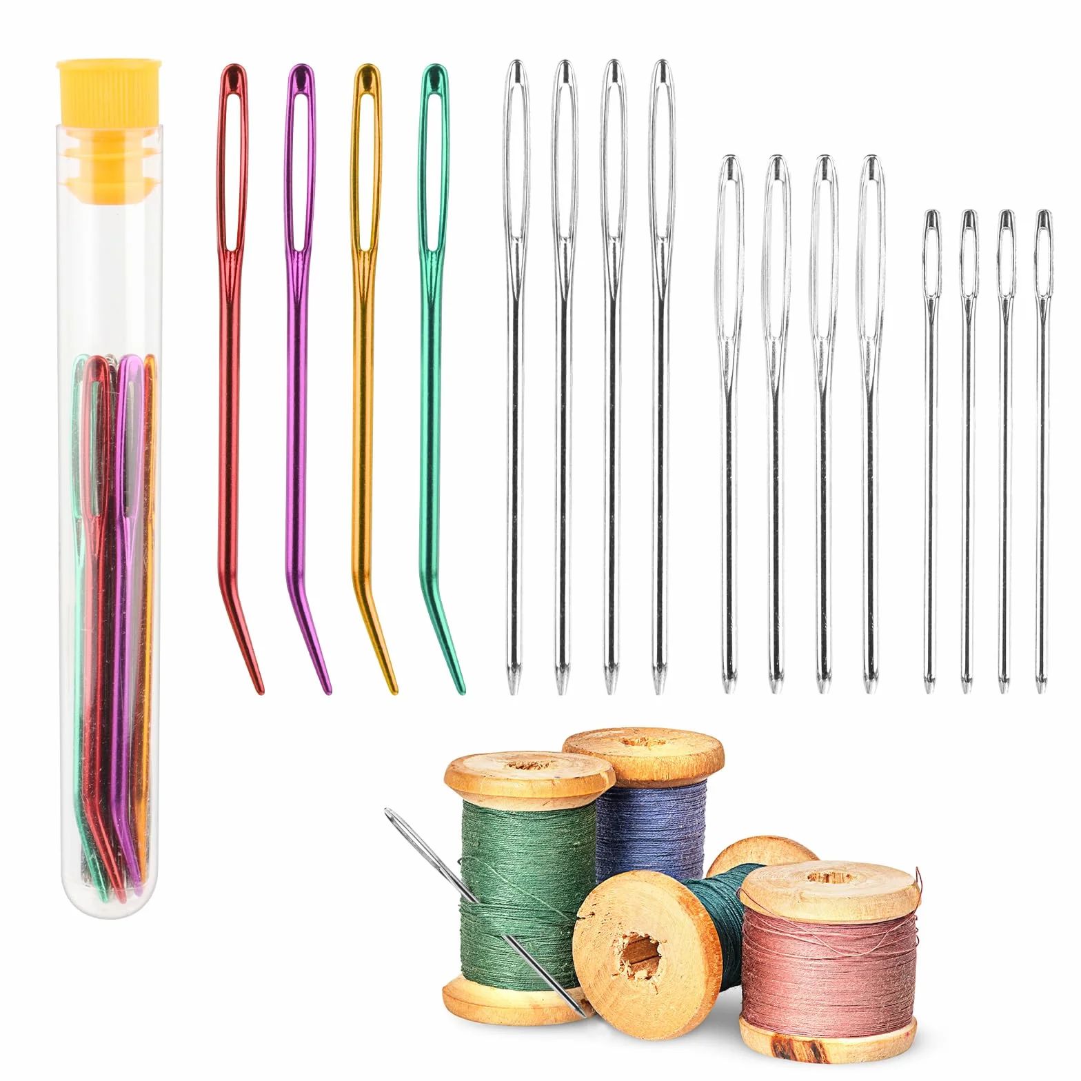 Juego de 16 agujas de ojo grande, agujas de tope para coser cuero, agujas de coser con punta redonda, 4 tamaños diferentes, agujas de coser metálicas para tapicería, lana, costura