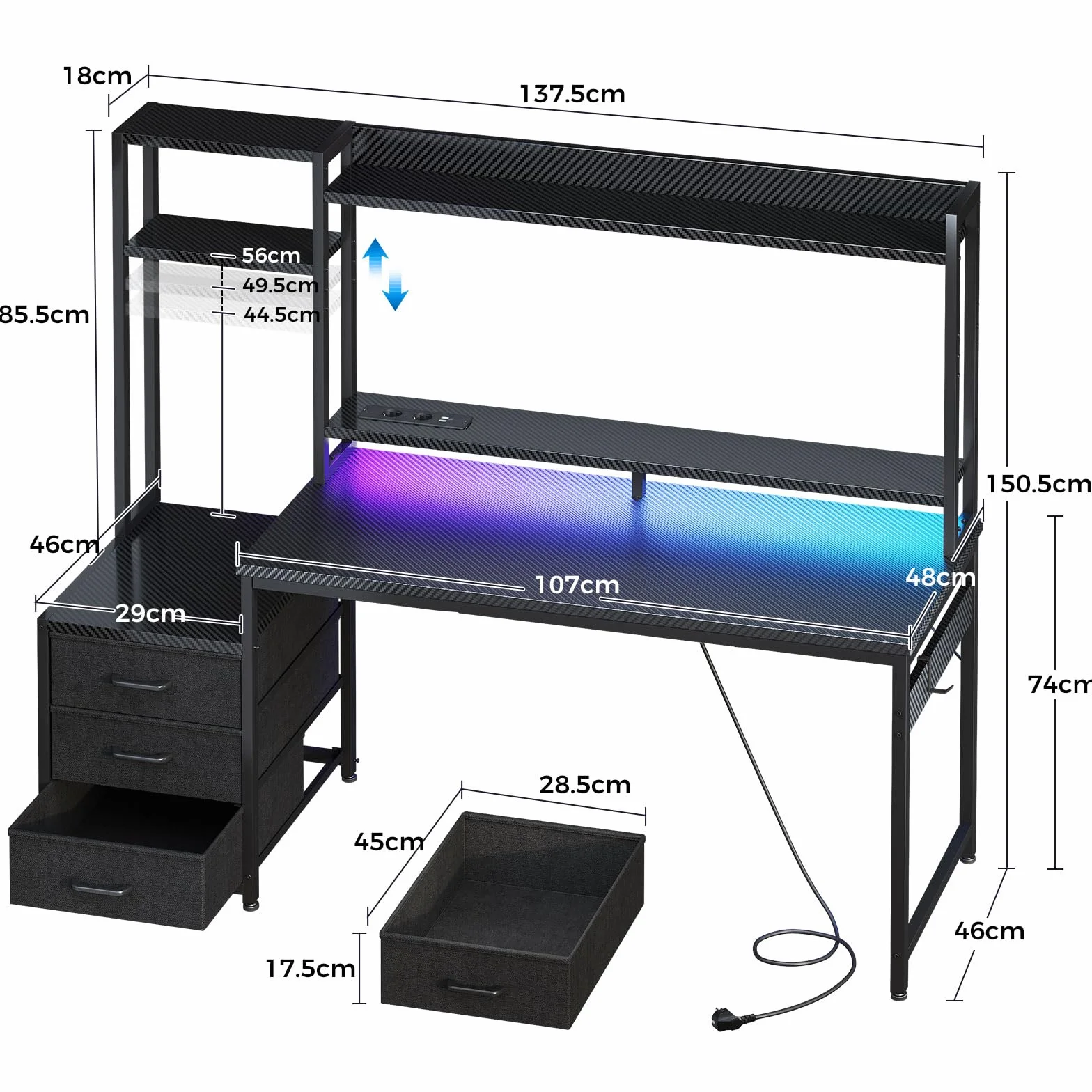 Coleshome Escritorio Gaming con Estanteria y Cajones, 137x48cm Mesa Gaming con Iluminación LED & Toma de Corriente, Escritorios para PC con Repisas de Almacenamiento, Negro Fibra de Carbono