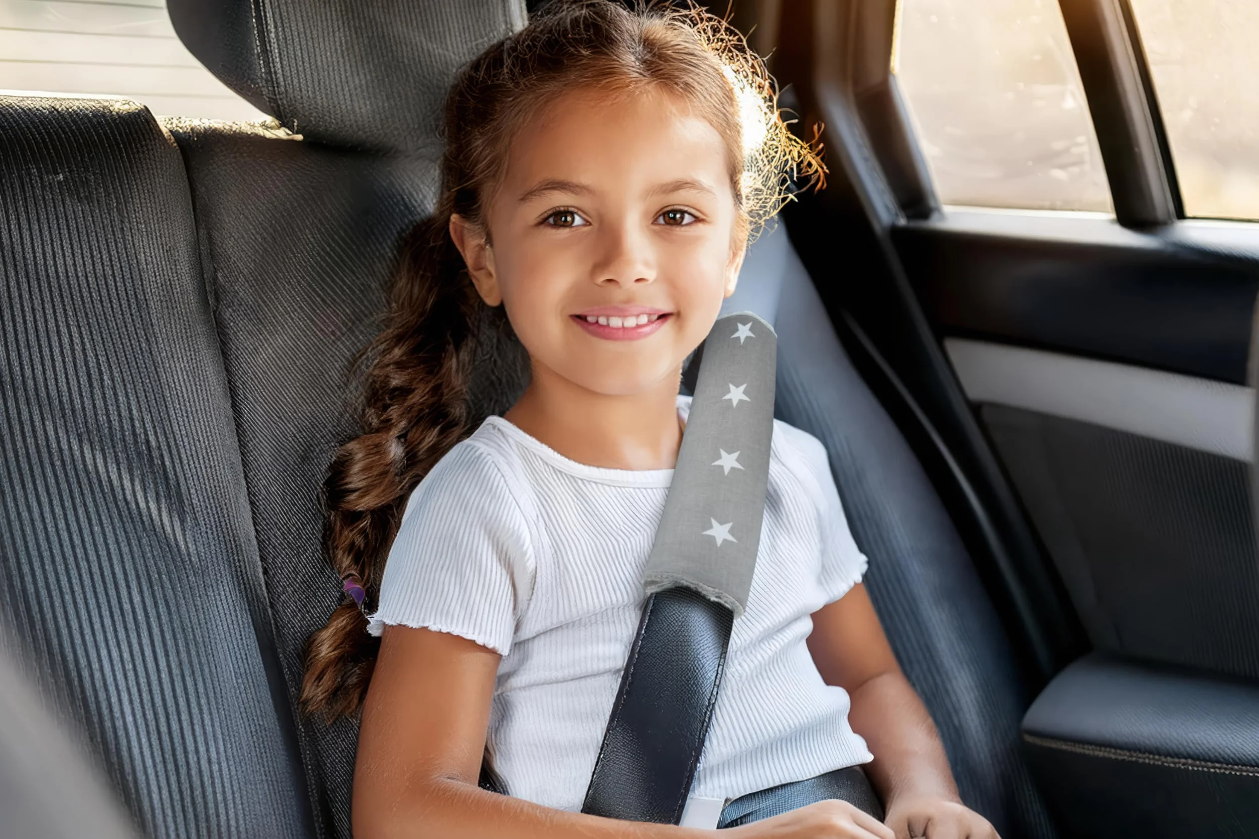 Coche Protector Cinturon Niños Almohadilla 2 Piezas Seguridad Bebe 17x22cm 100% Algodón Minky Cinturón Kids Seat Car Estrellas grises