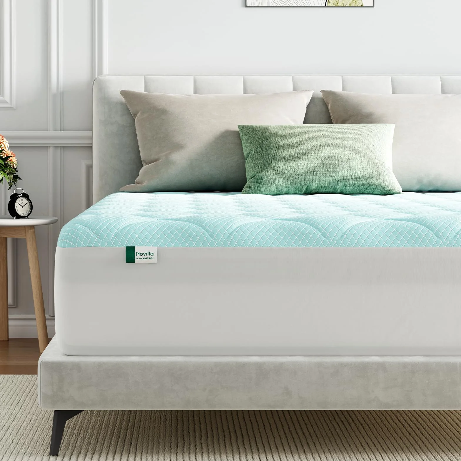 Novilla Sobrecolchón Cómodo de Fibra 150x190cm Tejido Suave y Agradable a la Piel, Capa de Aire Transpirable de 3 Capas, Cubrecolchón con Bolsillo Profundo Elástico de 30cm, Azul