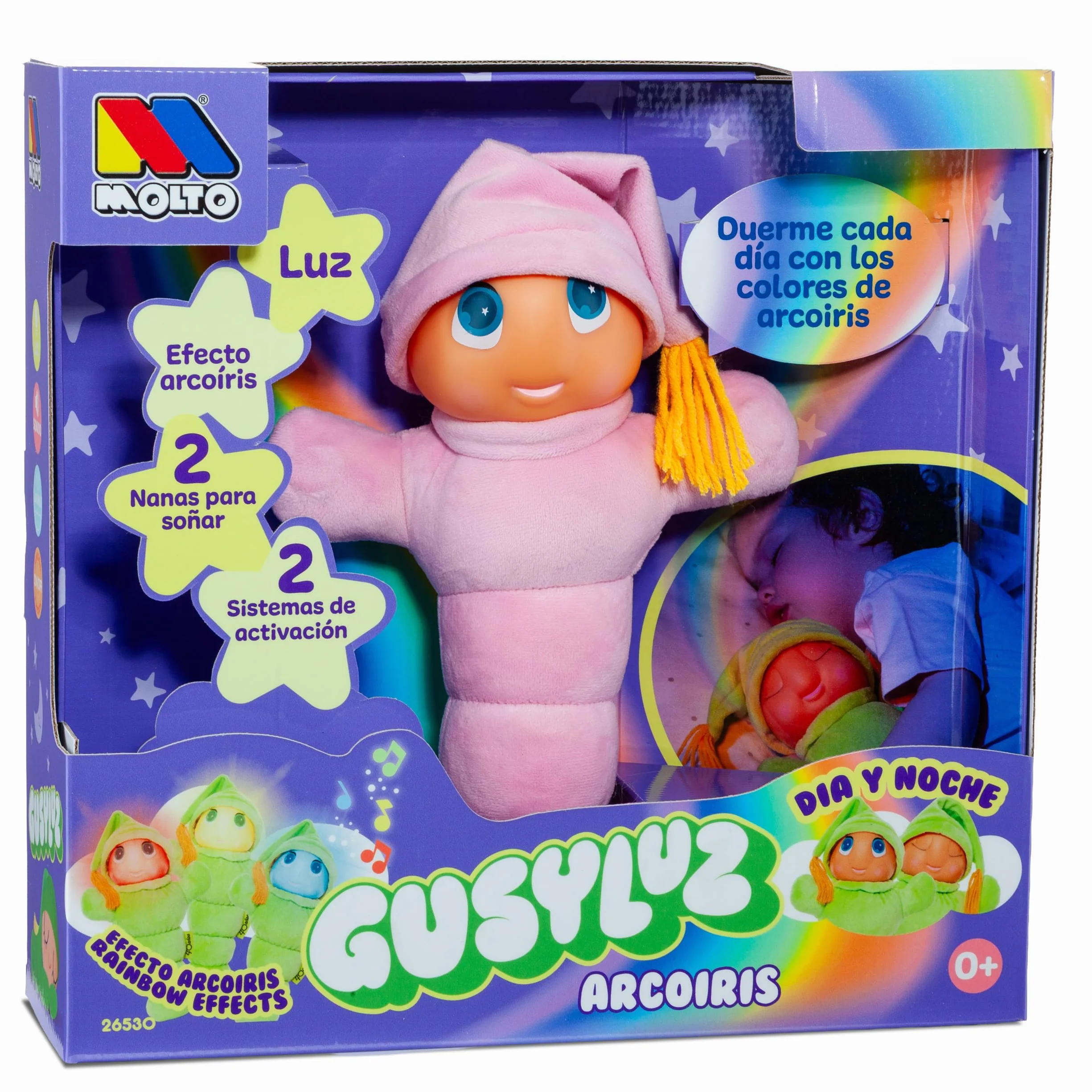 Gusy Luz Arcoiris Rosa Muñeco Clásico para Dormir con Nanas y Modo Día y Noche Juguete Bebé 0 Meses