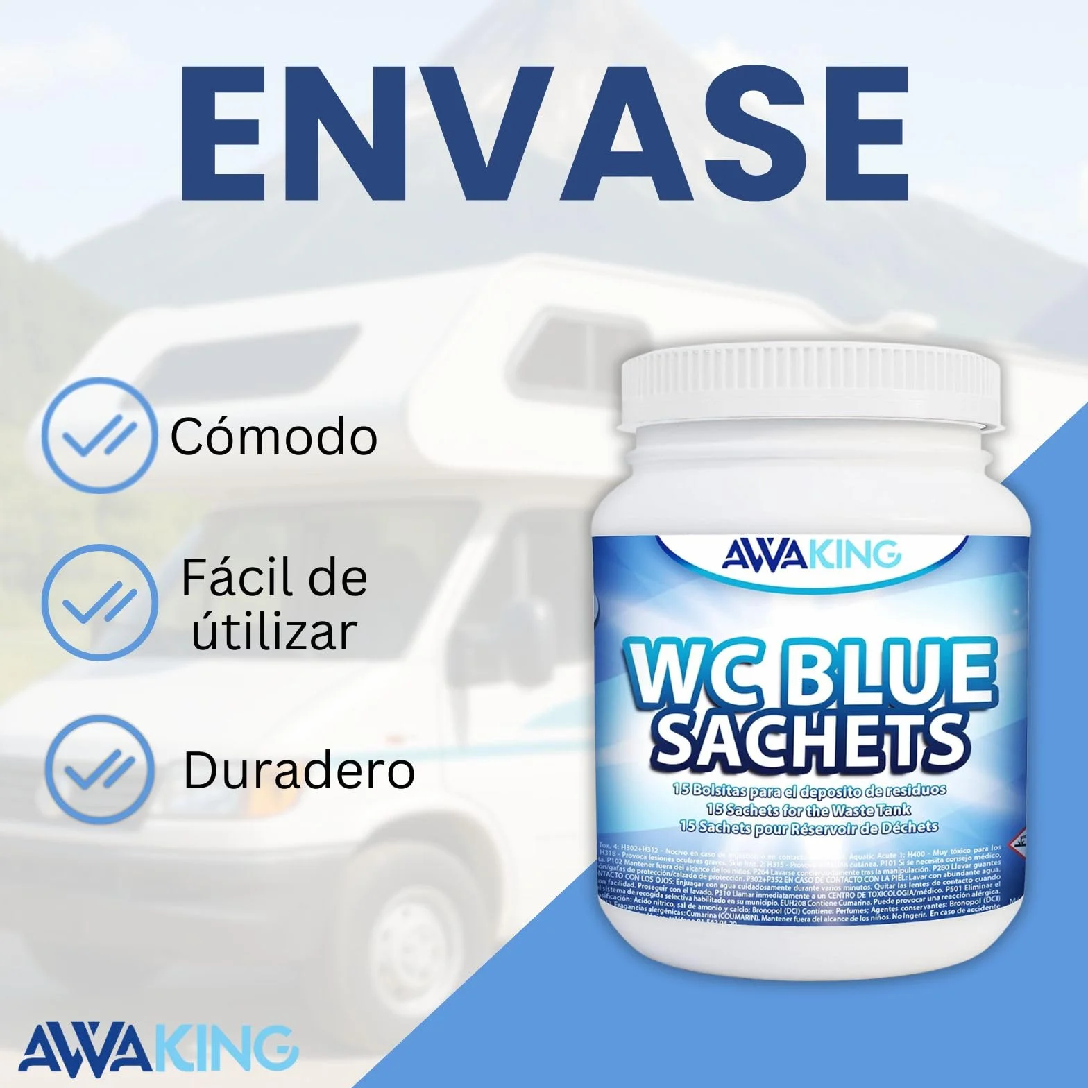 Pastillas WC Quimico Autocaravana Blue Sachets 15ud Limpia Desodoriza Aroma Fresco Depósito Aguas Negras Potti Cassete Caravana Camper