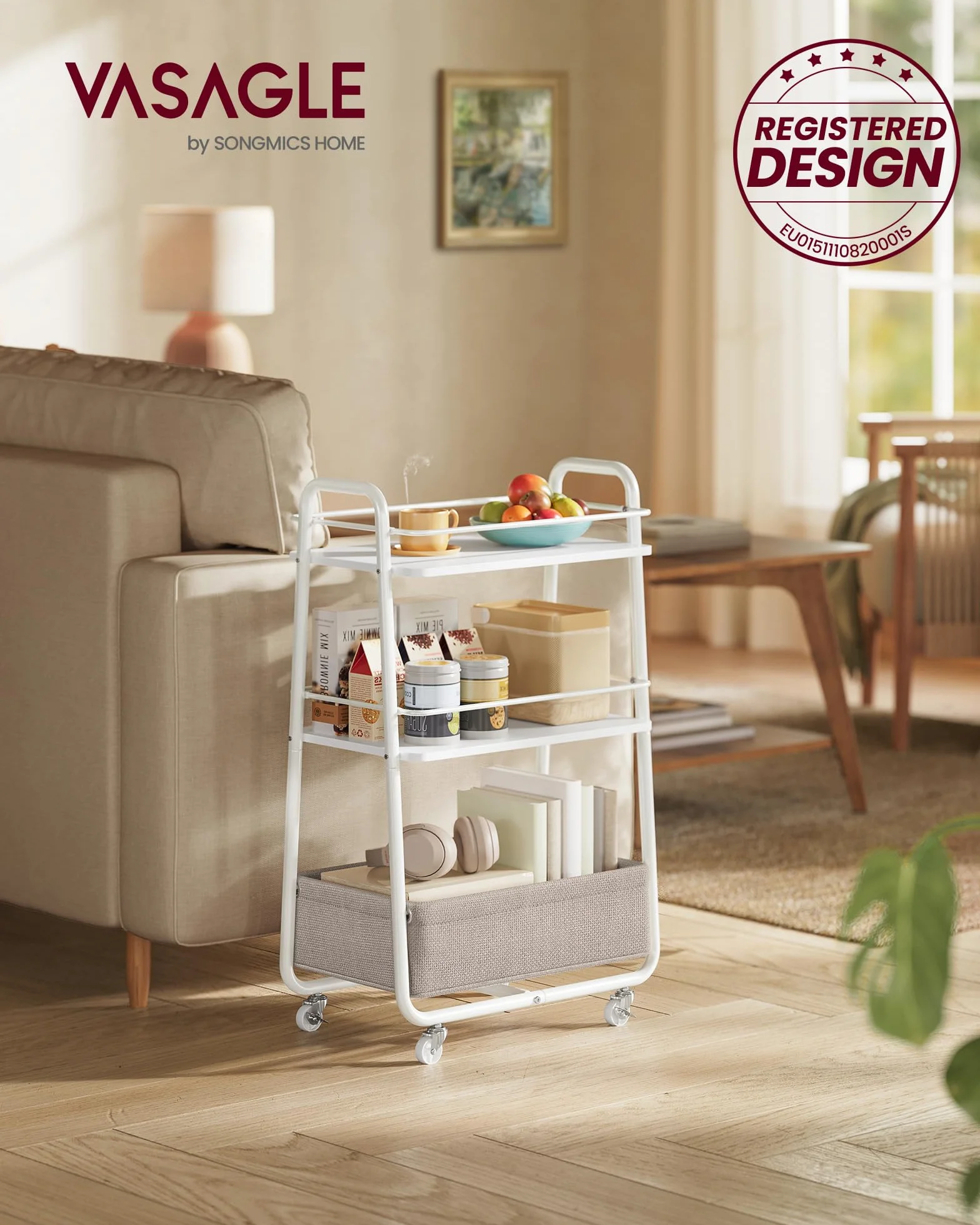 VASAGLE LILEA Colección - Carro de Almacenamiento con Cesta de Tela, Carrito de 3 Niveles con Ruedas, Organizador para Salón, Dormitorio y Cocina, Blanco Nube y Marrón Camello LRC001WB01