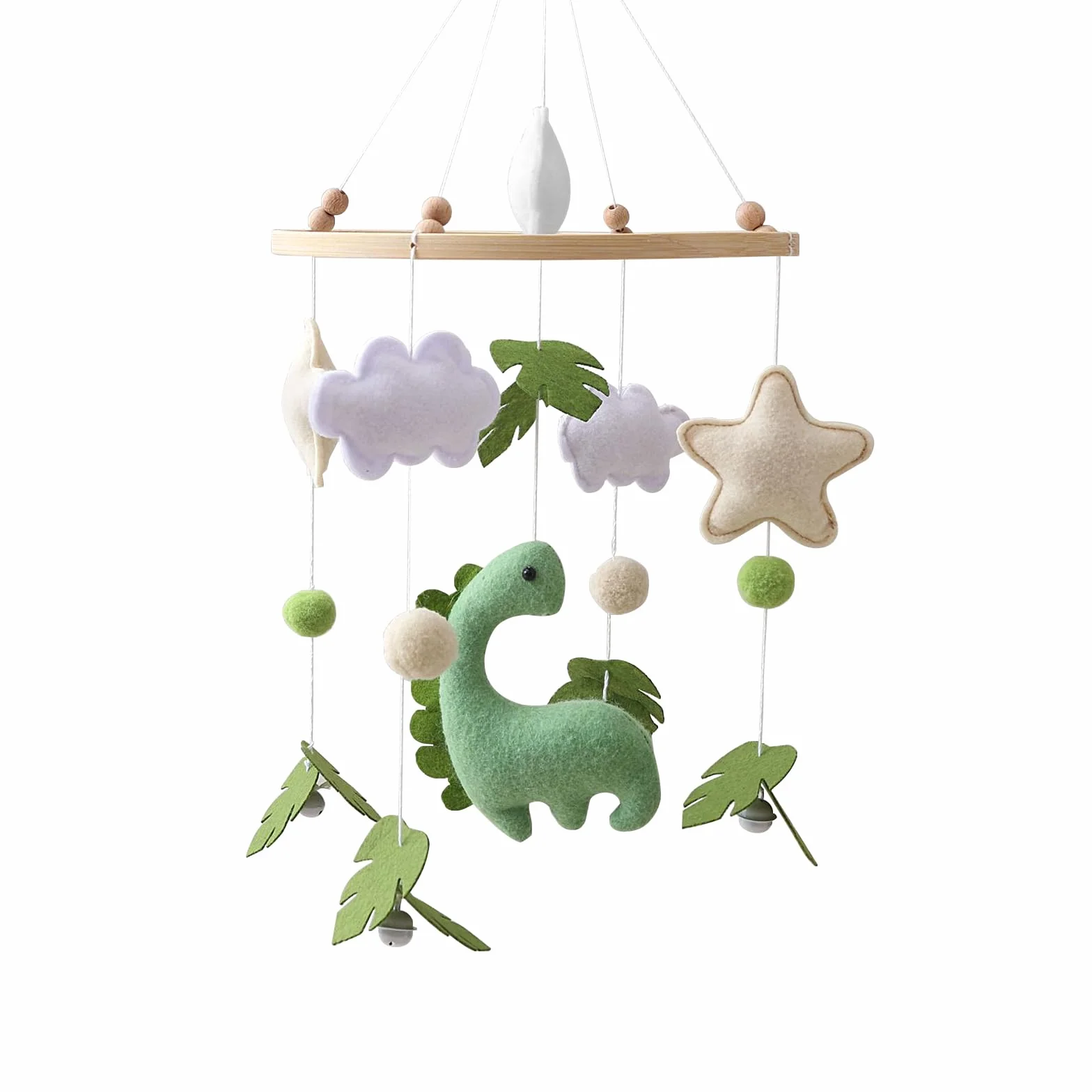 Movil Cuna Bebe de Madera Dinosaurios Hojas Nubes Estrellas Cascabeles Regalo
