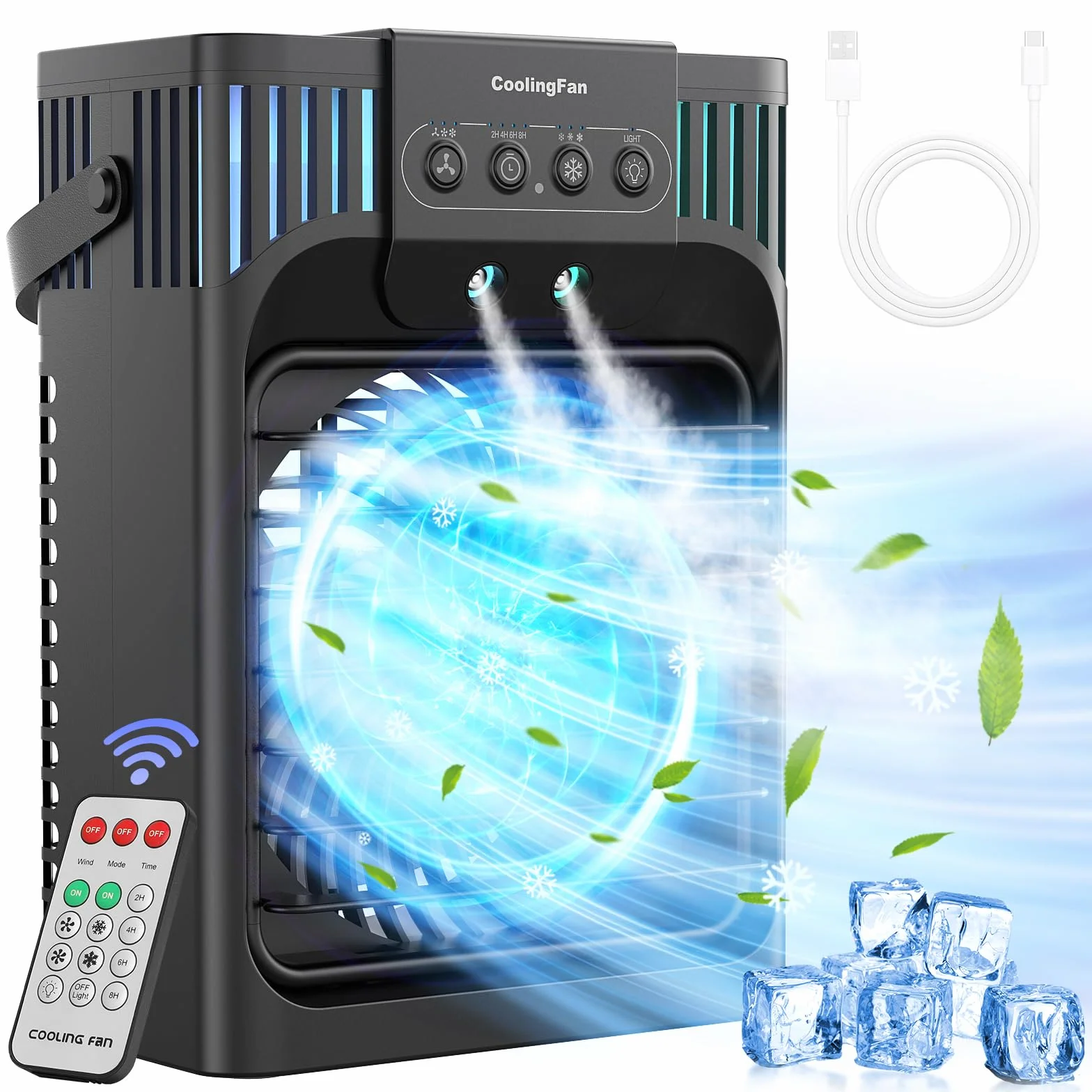 Aire Acondicionado Portatil Silencioso,1200ML Enfriador de Aire con Mando,3 Velocidades,3 Modos,2-8H Timer,7 LEDs,10W Climatizador Portatil Evaporativo para Dormitorios,Habitación,Oficina