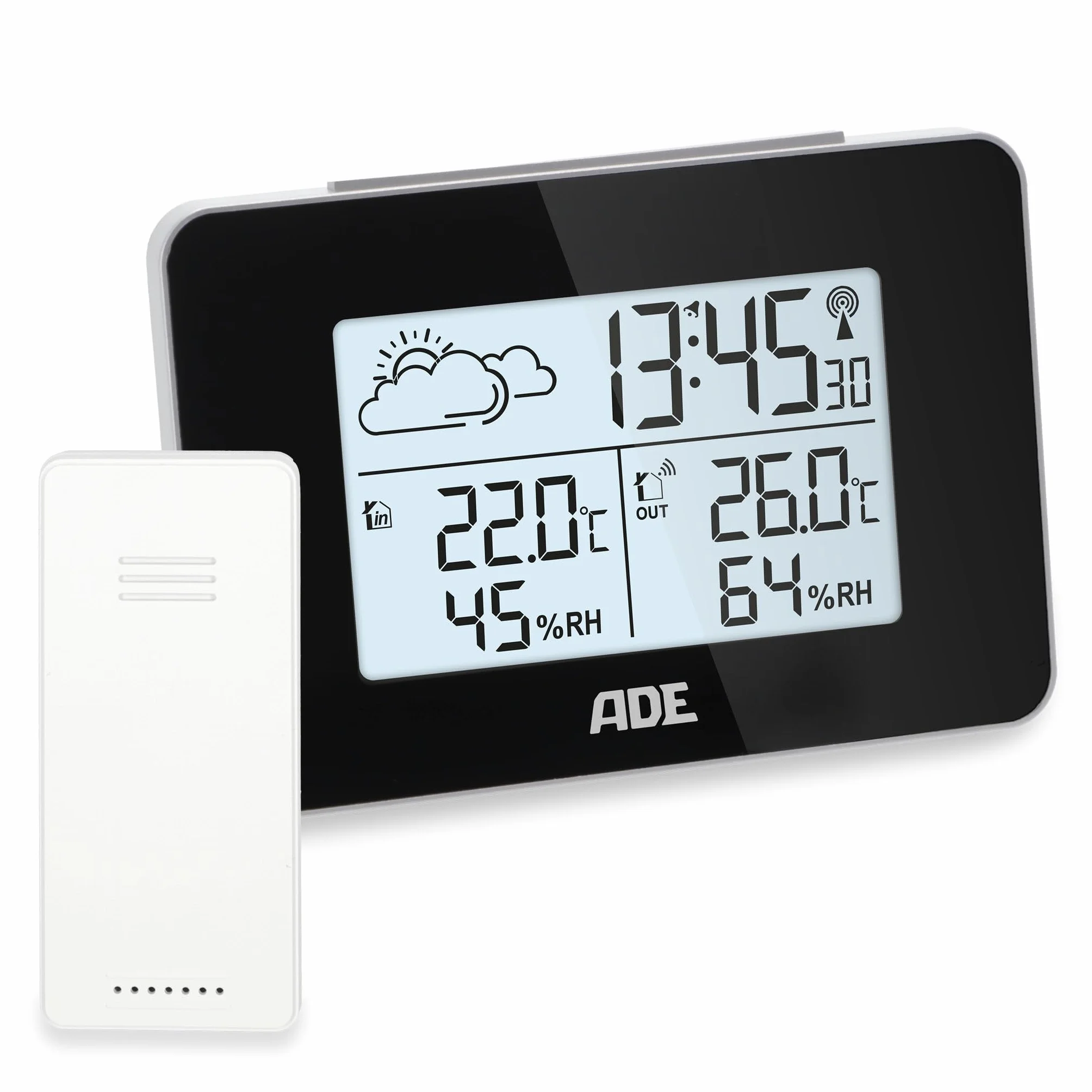 ADE Estación meteorológica digital radiocontrolada con sensor exterior | temperatura interior y exterior | medidor de humedad | previsión meteorológica animada | despertador | negro