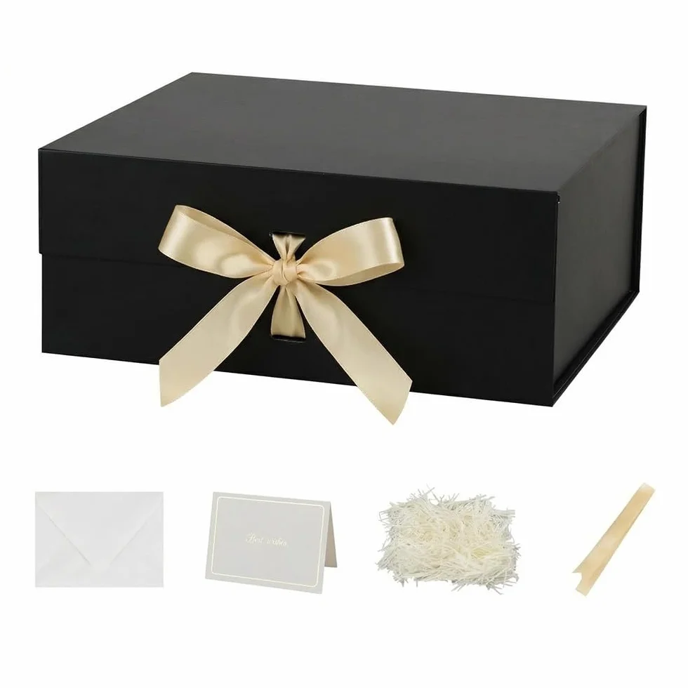 Caja de regalo grande Negro con tapa 32x28x13,5 cm, caja para regalo Empaque cumpleaños, caja de zapatos al por mayor, Navidad Incluye relleno de papel triturado, tarjeta de sobre y cinta