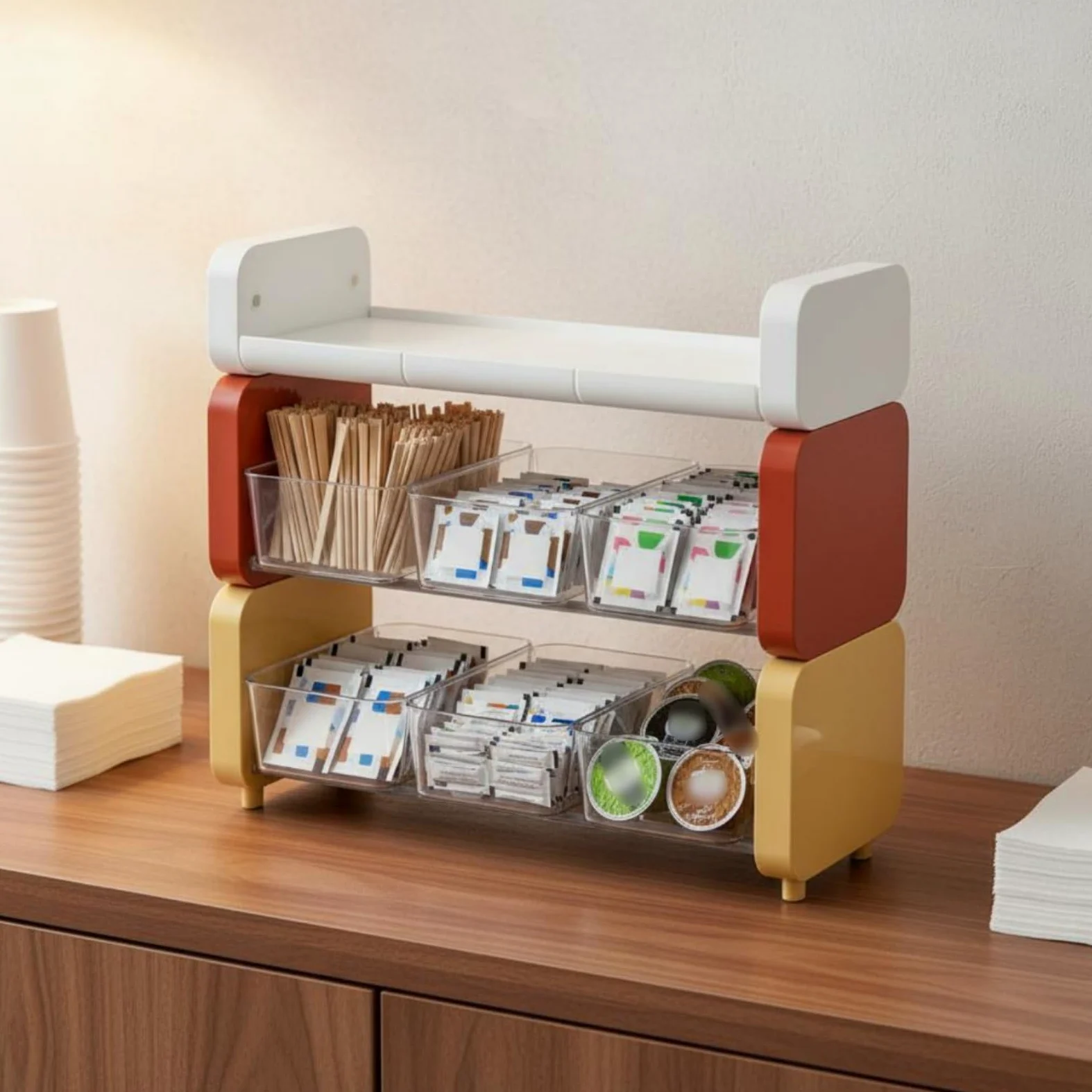 Estante de Almacenamiento Organizador de Sobres de Té Caja de Café Dispensador de Cápsulas Soporte de Mostrador con Clasificación Visible y Adecuado, Crema