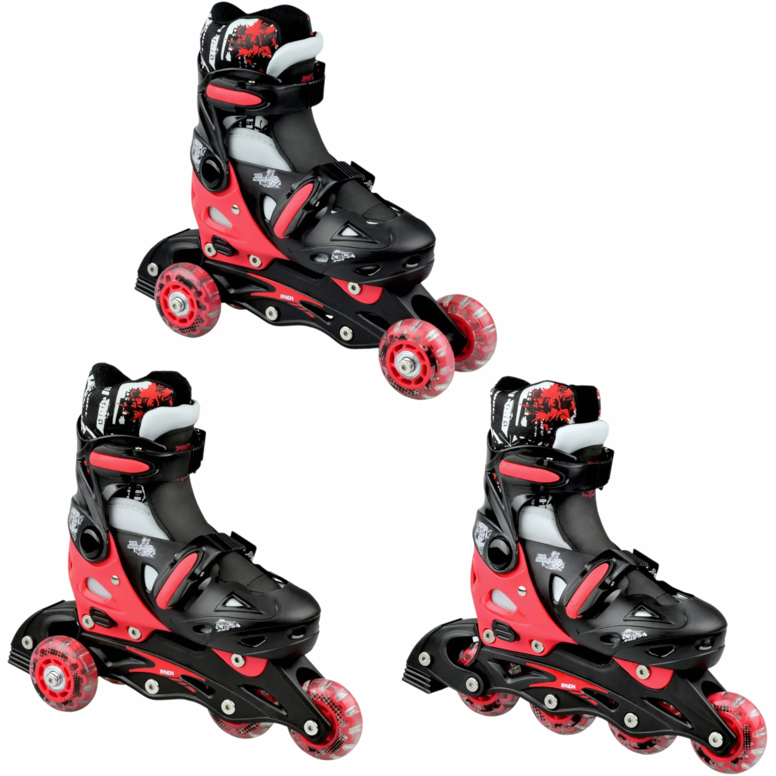 Patines en línea Singer Ajustables 3 en 1, Intercambiables Negro/Rojo