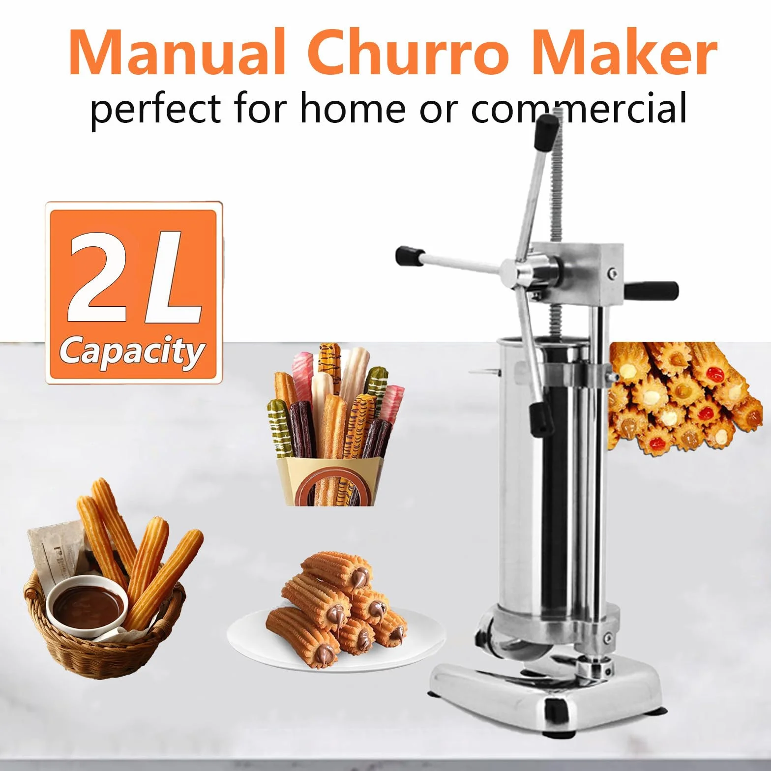 MáQuina para Hacer Churros Manual Comercial, MáQuina para Hacer Rosquillas Manual, MáQuina para Hacer Churros EspañOles De Acero Inoxidable con 5 Boquillas,2L