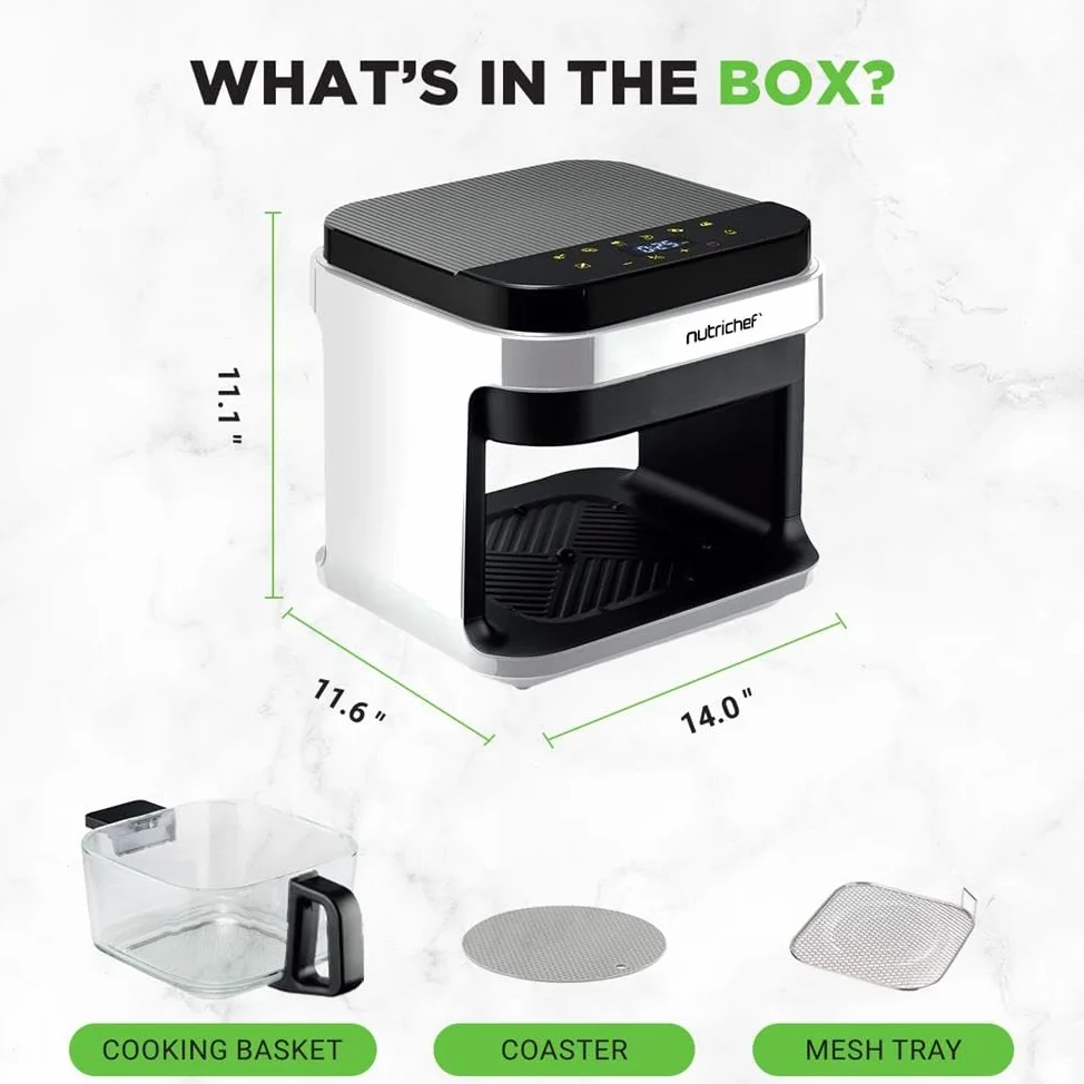 NutriChef Freidora de aire caliente, 5,5 L, sin aceite, 1200 W, color blanco, 8 programas, ventana de visualización, pantalla táctil, baja en grasa, para familias y resultados crujientes