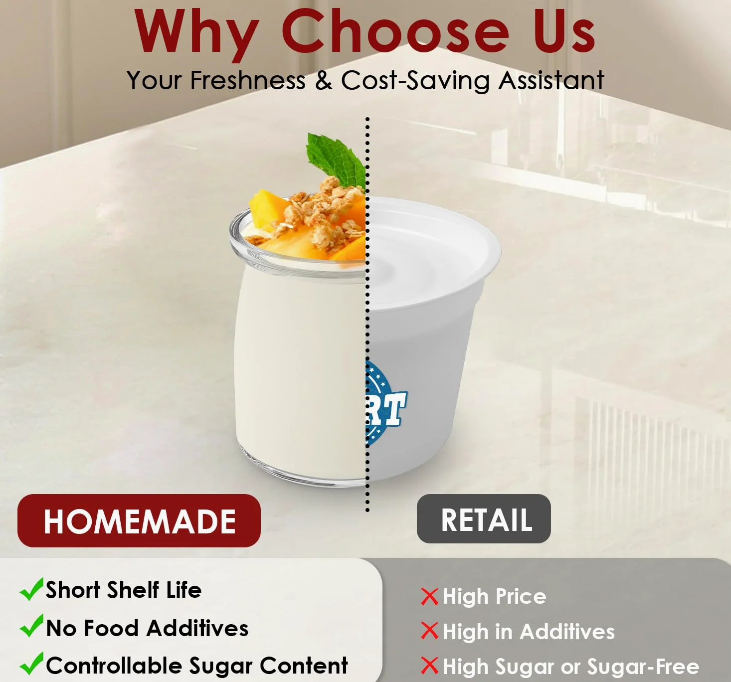 Suteck Máquina de yogur de acero inoxidable con control de tiempo y temperatura ajustable, apagado automático y temperamento constante para yogur griego, probiótico, sin BPA, 8 botellas