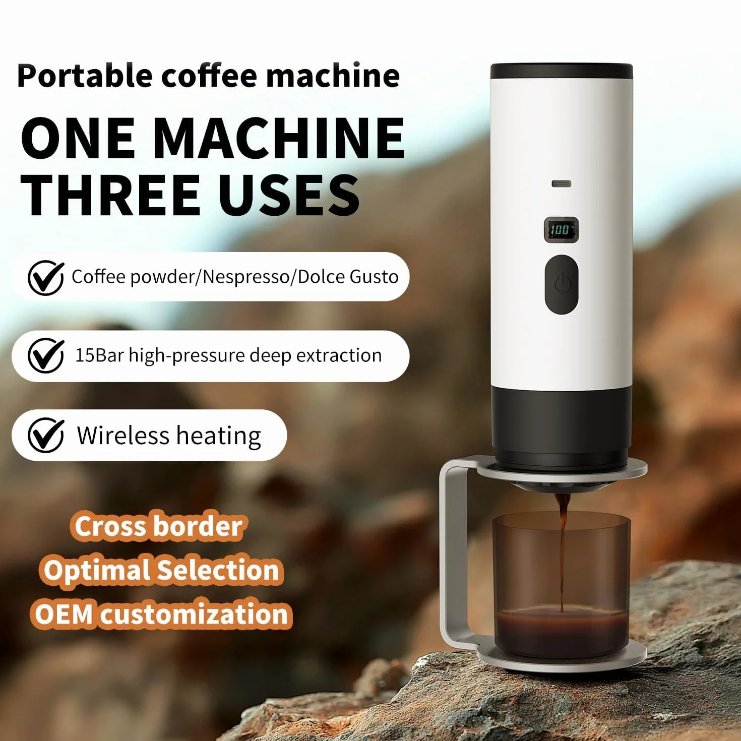 Cafetera portátil 3 en 1 con pantalla LED, tanque de 90 ml, autocalentamiento, compatible con café molido y cápsulas de espresso