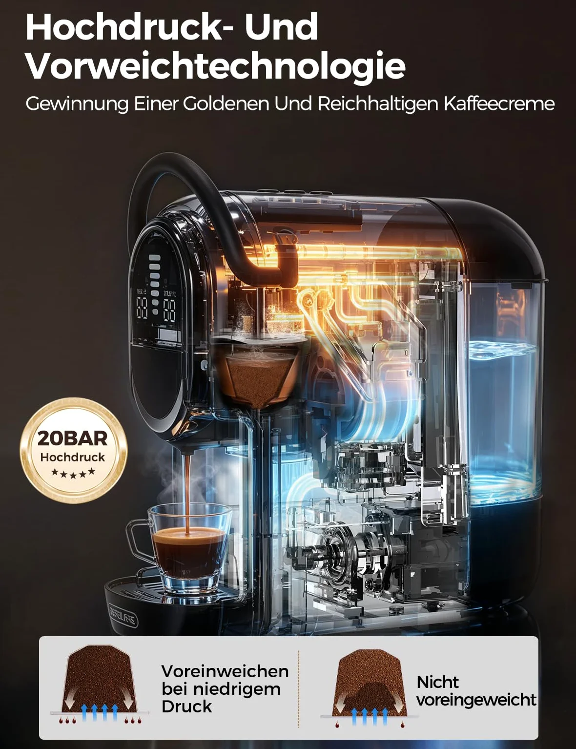 CAFELFFE Cafetera multicápsula 5 en 1 compatible con NS*/DG*/ESE*/A Modo Mio y Coffee Power, 20 bares, función de preparación fría y caliente, temperatura ajustable y 7 niveles de agua, color blanco