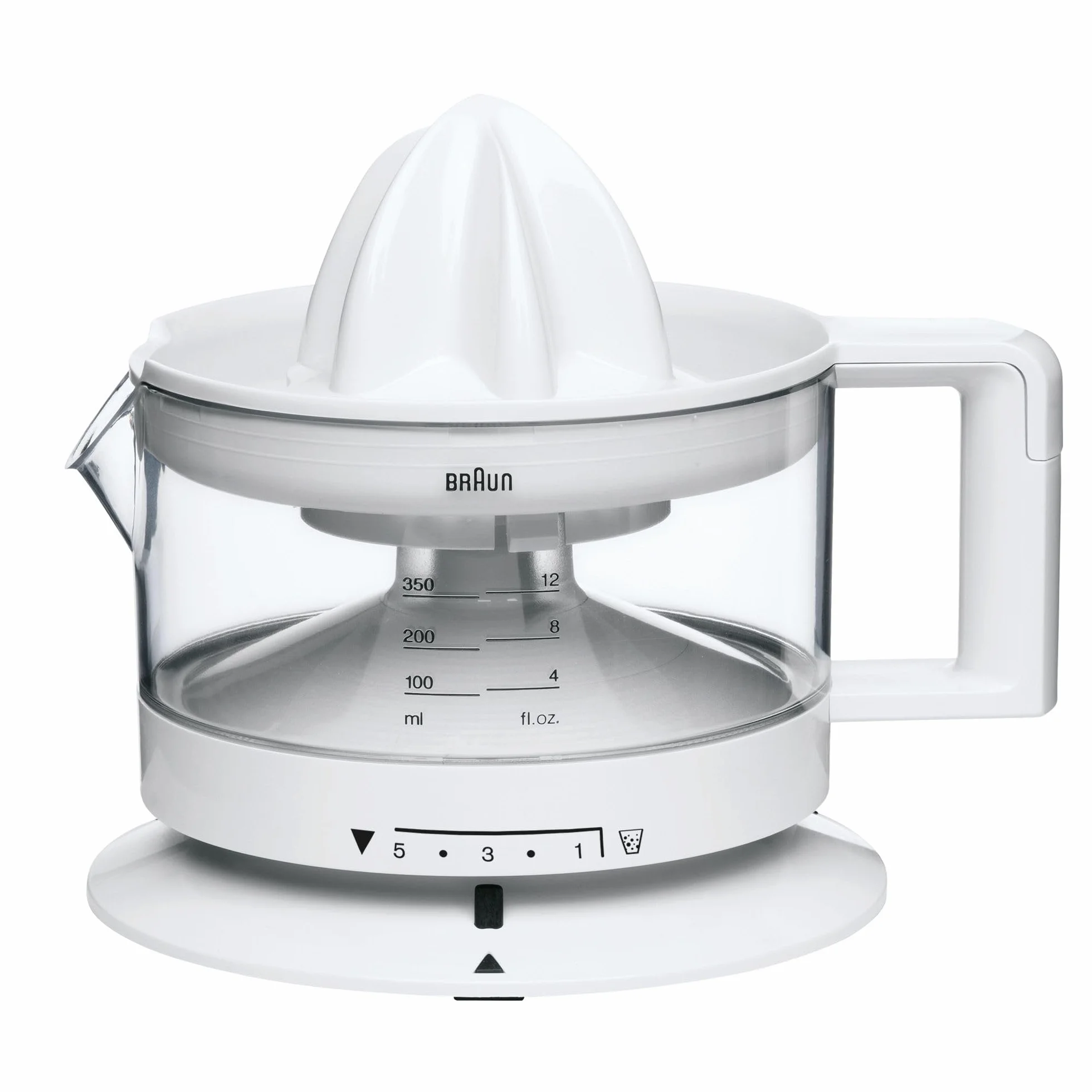 Braun CJ3000 WH - Exprimidor Eléctrico de Naranjas, 20 W, 350 ml, Cantidad de Pulpa Ajustable, Apto para Lavavajillas, Diseño Icónico, Blanco [Clase de eficiencia energética A]