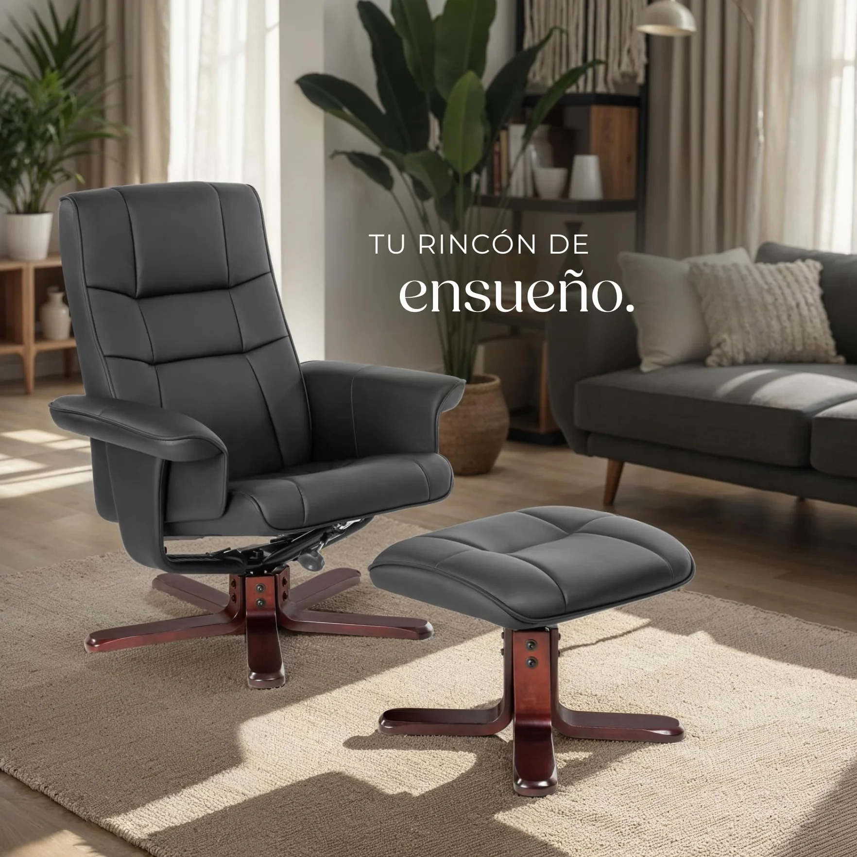 tectake® sillón Relax reclinable con Taburete, Respaldo oscilante y 360° Giratorio, cómodo Acolchado con Funda de Cuero sintético, Ideal para salón, Dormitorio o Lectura - Negro/Marrón