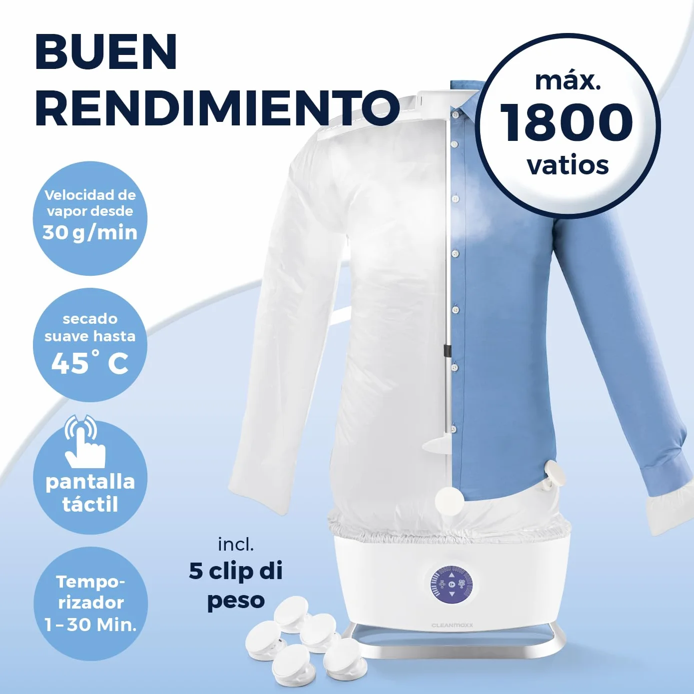 CLEANmaxx Plancha automática de camisas PRO STEAM + accesorio para pantalones | Función vapor, pantalla táctil | Plancha para camisas y blusas | Reduce olores, desinfecta, alisa, refresca