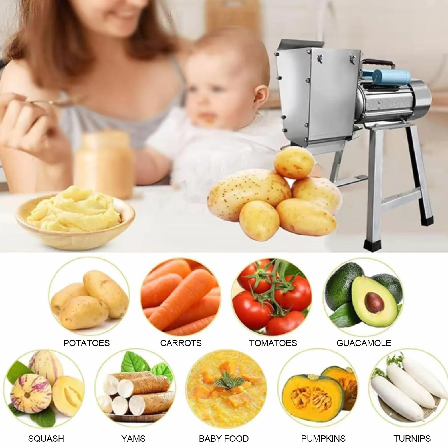 Machacador De Patatas Comercial De Acero Inoxidable, Muela Trituradora De Patatas De 1100 W, Suave, Delicado Y De Buen Sabor, para Ajo, Tomates