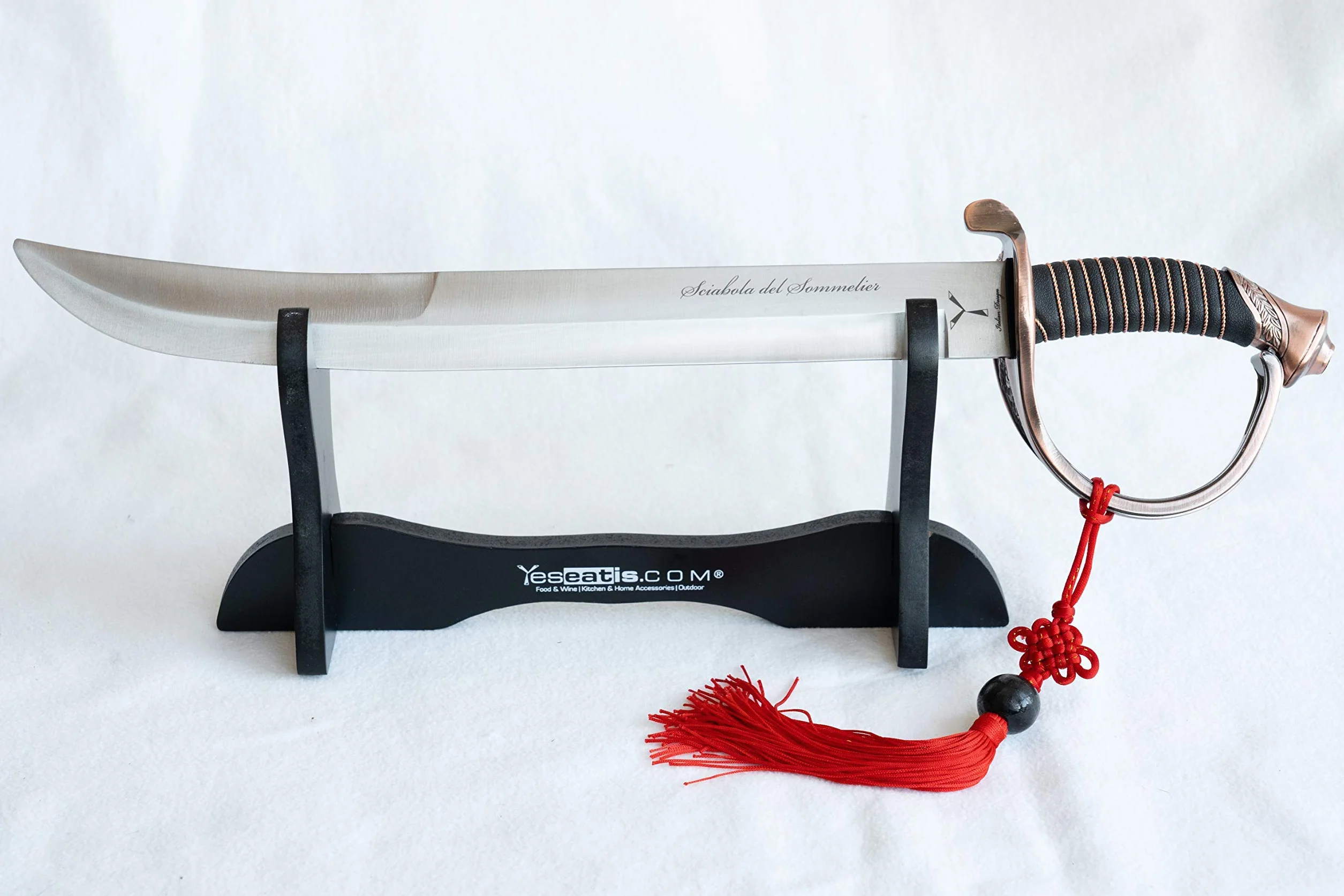 YesEatIs - Sable de Champán para Sommelier con Caja de Madera de Exposición - Mango de Color Bronce - 2 Cordones Incluidos