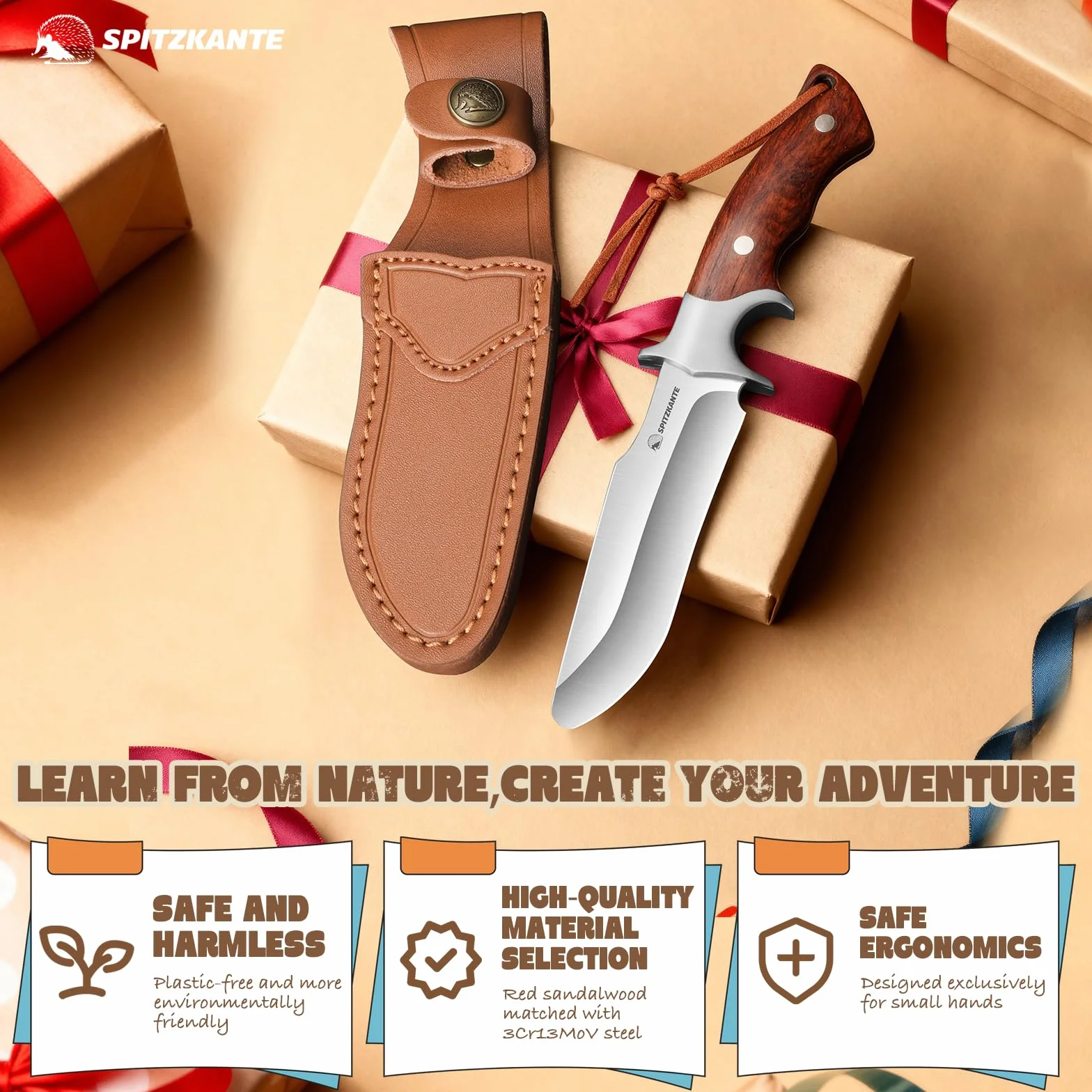 Cuchillo de talla 10 cm acero 3Cr13MoV full tang mango madera funda cuero