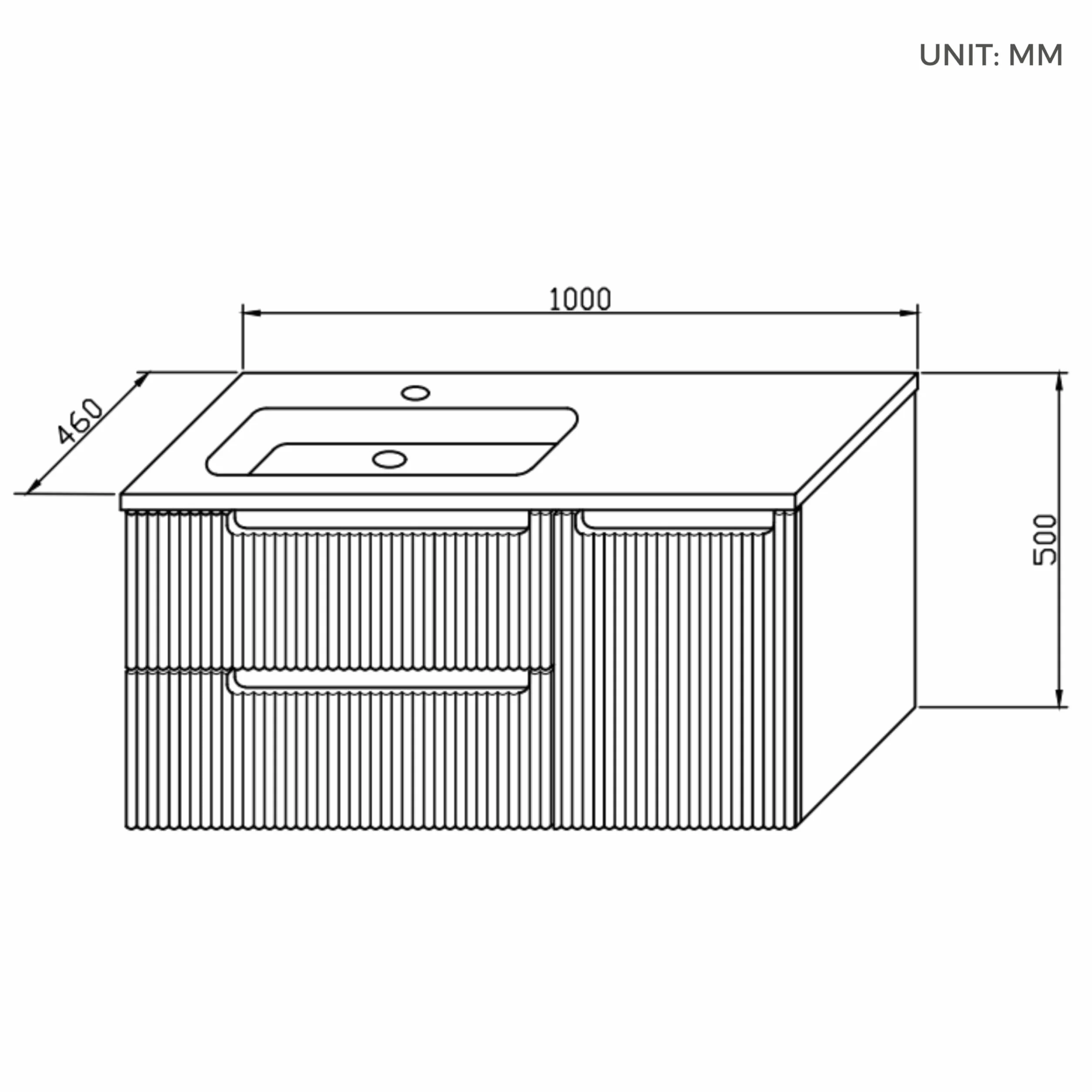 Mueble de Baño Suspendido de 100 cm con Lavabo de Resina Mineral, 2 Cajones y 1 Puerta, Ultrafino, Cierre Suave, Frontal Acanalado – Apto para Baños Grandes – Golden Sand