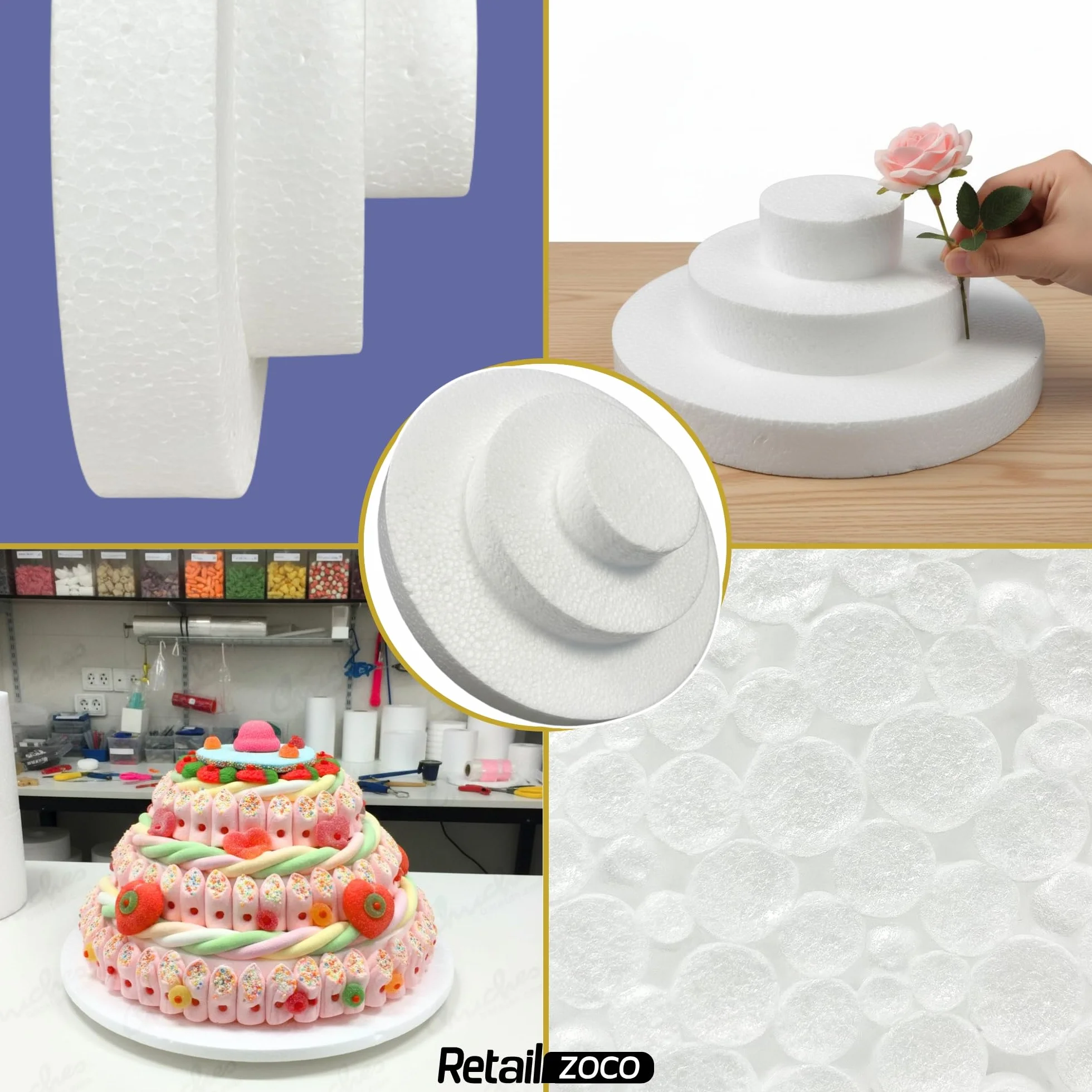CHEFZOCO Molde de poliestireno para tartas, Juego de 3 pisos para tartas, Bases para tarta, Apto para para arreglos florales, cumpleaños, bodas, fiestas, Diseño circulos 3 niveles 10-20-30 cm