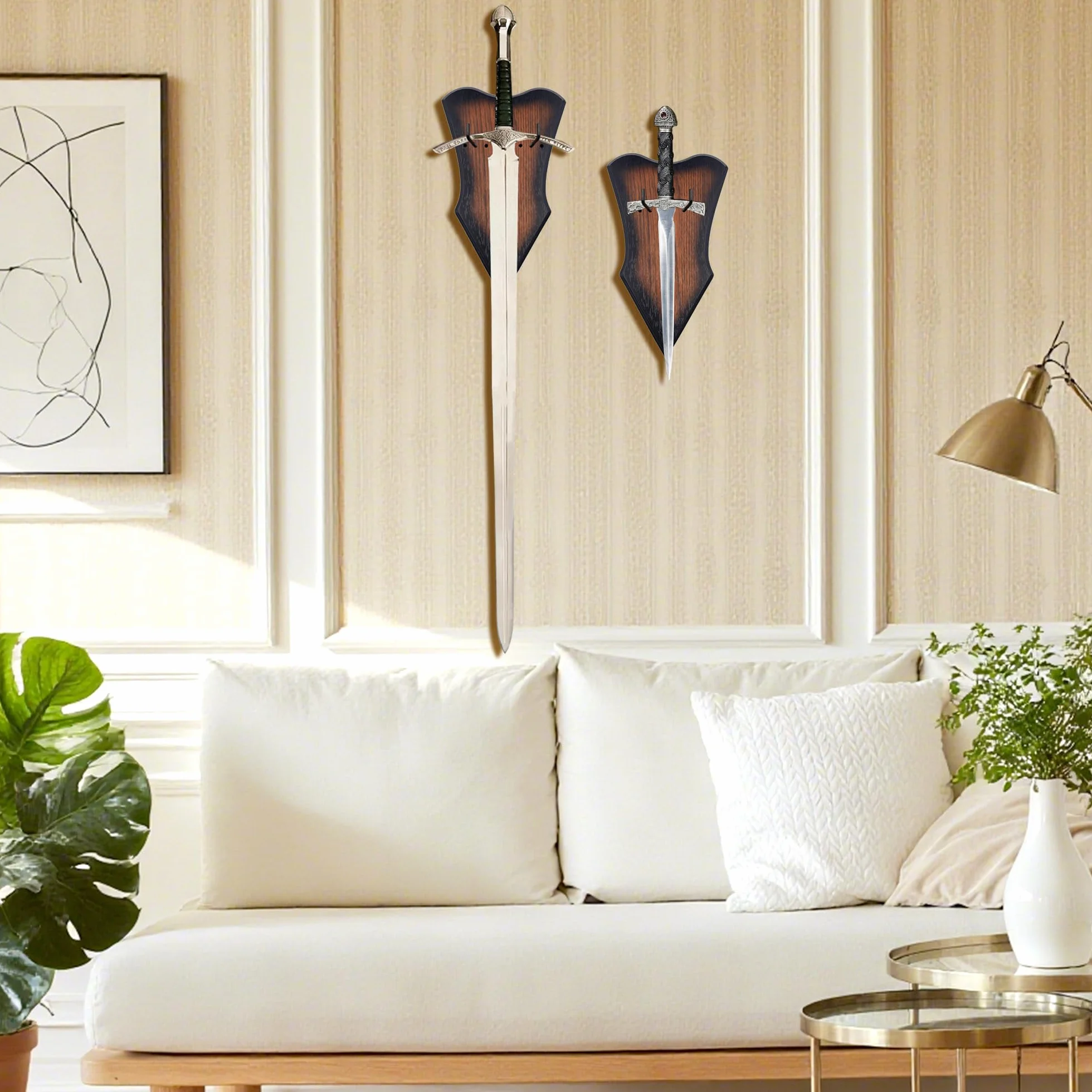 2 piezas ajustable vertical Espadas con hardware, medieval retro soporte colgar pared madera maciza marrón