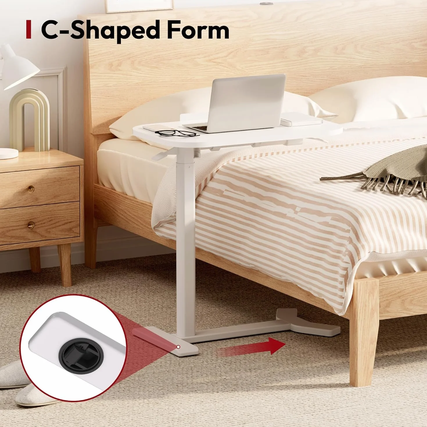 SANODESK Mesa Auxiliar con Ruedas para Ordenador, Altura Ajustable, con Soporte para Bebidas, para Cama y Sofá, Móvil y Multifuncional, Color Blanco