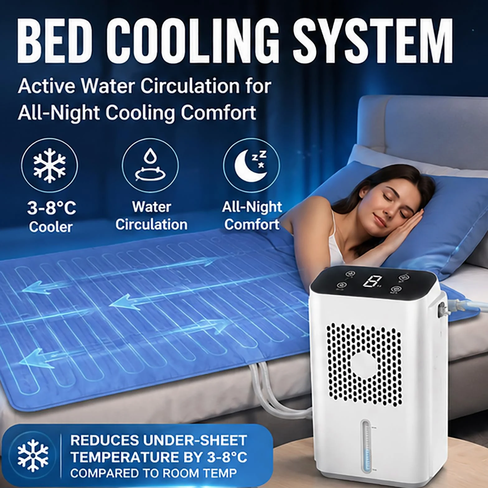Sistema de enfriamiento de Ventilador de Cama con Temporizador LCD, Almohadilla de colchón de Agua para Debajo de Las sábanas, Aire Acondicionado, refrigerador hidráulico silencioso para W70cm*L160cm