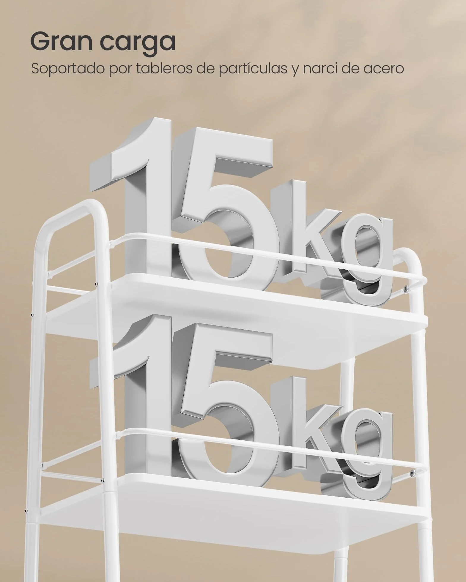 VASAGLE LILEA Colección - Carro de Almacenamiento con Cesta de Tela, Carrito de 3 Niveles con Ruedas, Organizador para Salón, Dormitorio y Cocina, Blanco Nube y Marrón Camello LRC001WB01