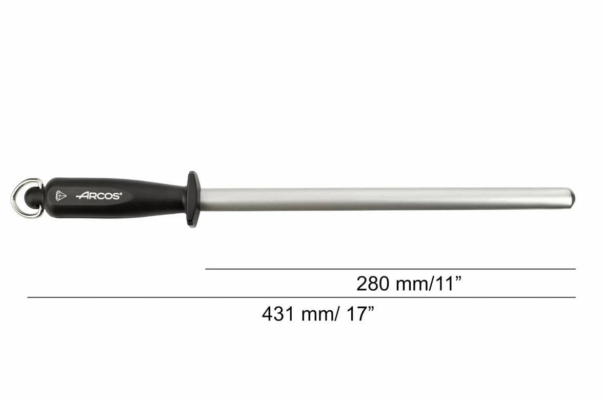 Arcos Chairas - Chaira Afilador Manual de Cuchillos - Cuerpo Ovalado de Acero al Carbono Recubierto de Diamante de 280 mm y 17 mm de diámetro - Mango Polipropileno Color Negro