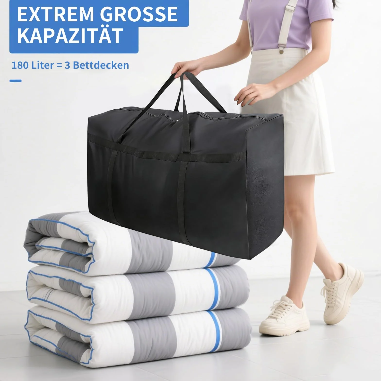 2 bolsas de almacenamiento grandes de 180 L con cremalleras, bolsas de almacenamiento gigantes impermeables, bolsas de transporte Oxford para almacenamiento de ropa, ropa de cama, edredón