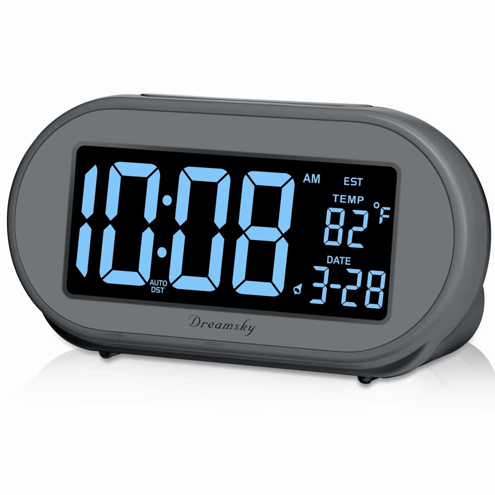 DreamSky Reloj despertador para dormitorio, reloj digital de escritorio para mesita de noche, reloj eléctrico con regulador de brillo regulable, DST automático, puerto USB, fecha, temperatura