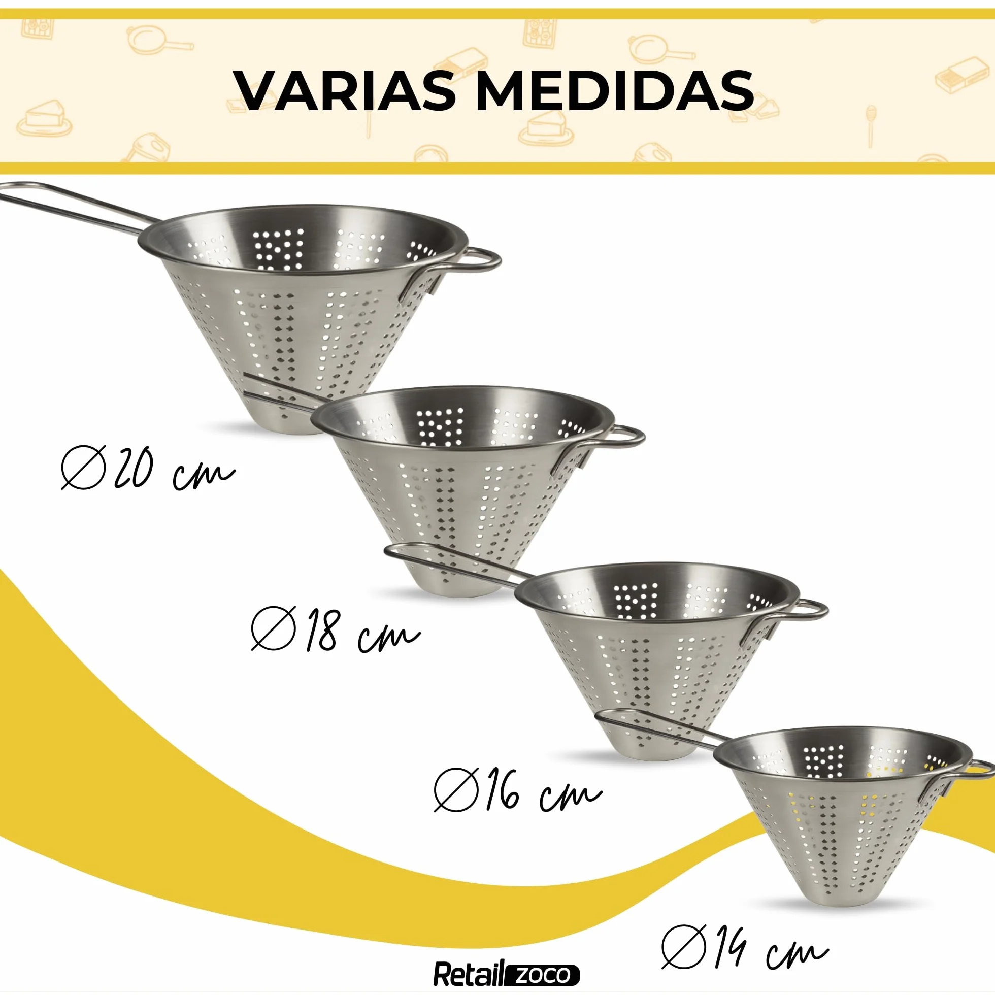Colador Chino de Cocina, Colador forma cónica, colador Chino, Escurridor de Acero, Apto para para Pasta, Verduras, Frutas y Arroz, Acero inoxidable, Incluye 1 gancho de sujección, Diámetro 20 cm