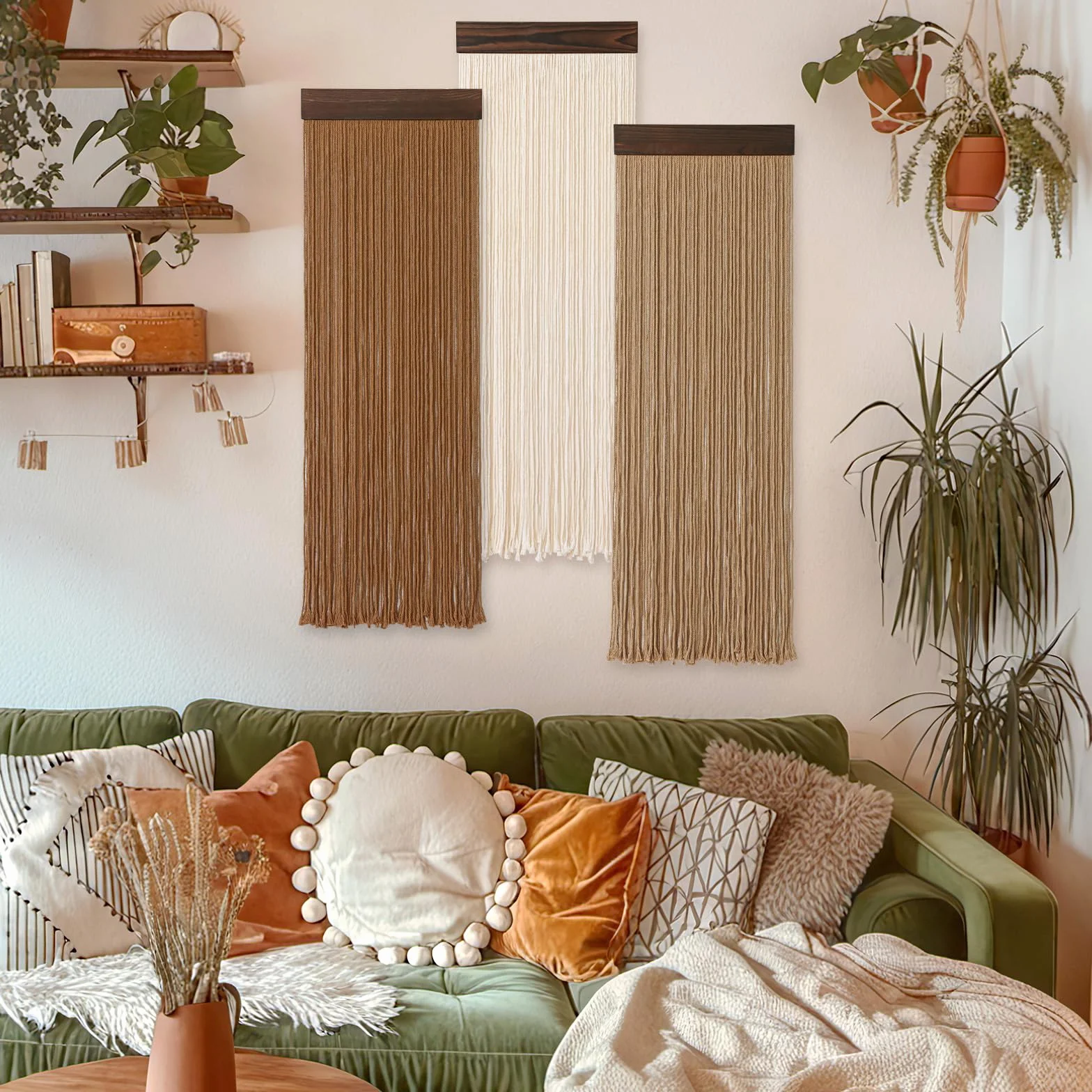 Weldomcor 3 piezas de hilo de macramé boho chic decoración del hogar, 30 x 92 cm, borlas, tapiz moderno hecho a mano, gran decoración de pared para salón, dormitorio, habitación de los niños