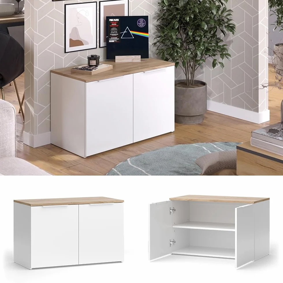 Vicco Aparador Wido, Blanco/Sonoma, 80 x 50 cm con 2 Puertas, Apto para Guardar Ropa y Objetos del hogar